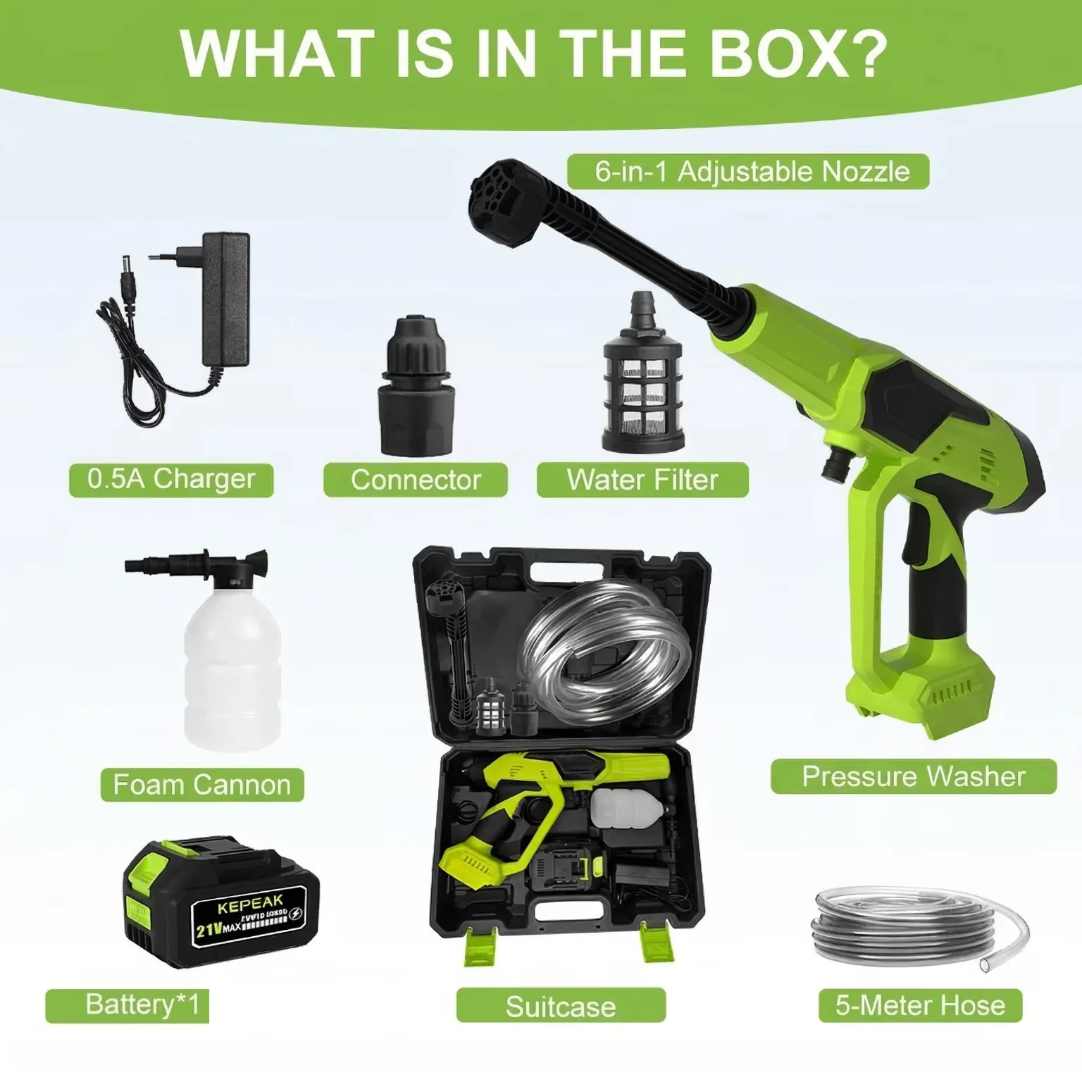 Stylish Pressure Washer with Battery, 21V, Quick Connect Tips - Universal Fit Model C1D7D3