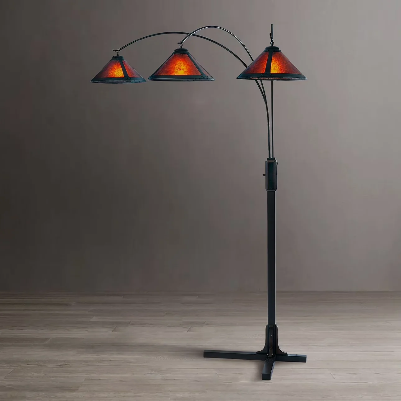 Professional Floor Lamp with Incandescent, Dimmable, Natural Mica 3 Light Arc - Bronze Metal Model 4BE9E8