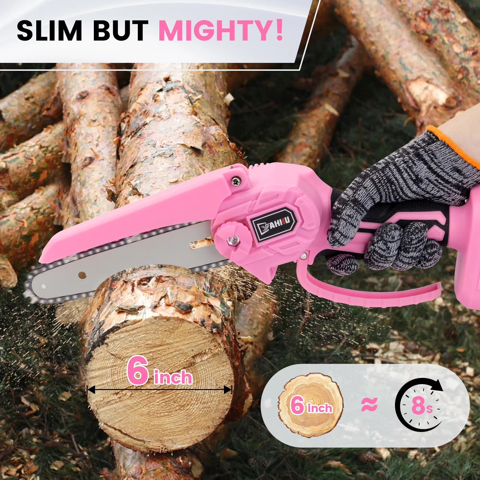 Chainsaw Classic with Battery, 21V, Tool-Less Chain Tensioning - Pink - Low Maintenance Model 541295