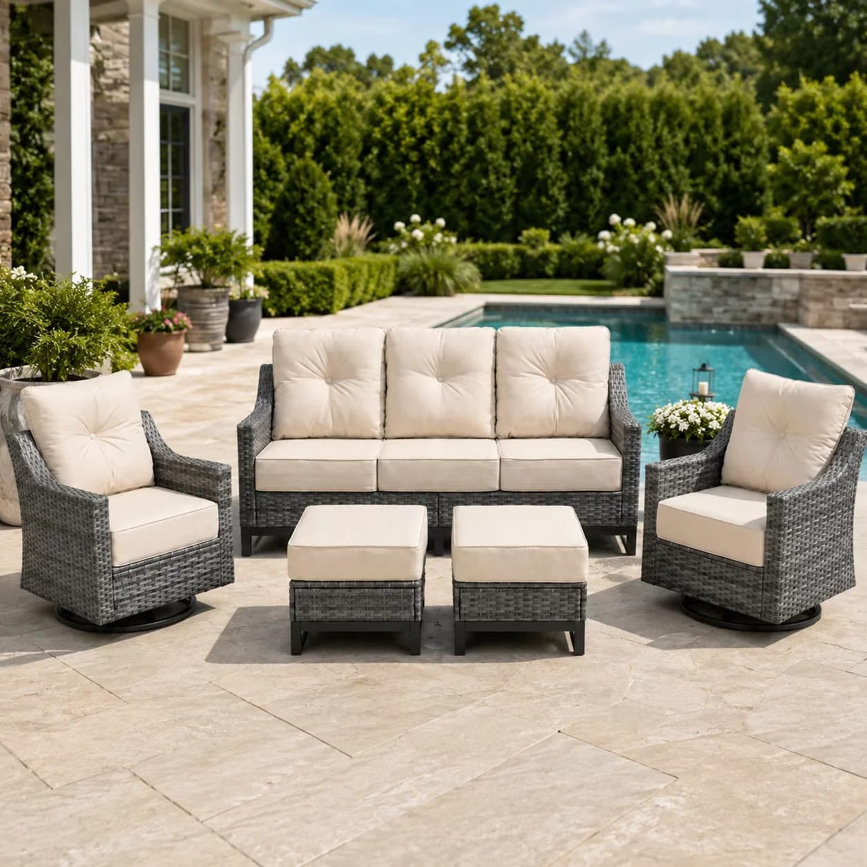 Modern Patio Conversation Set with Weatherproof, 3-Seat Sofa - Gray Wicker Model F5A4E3