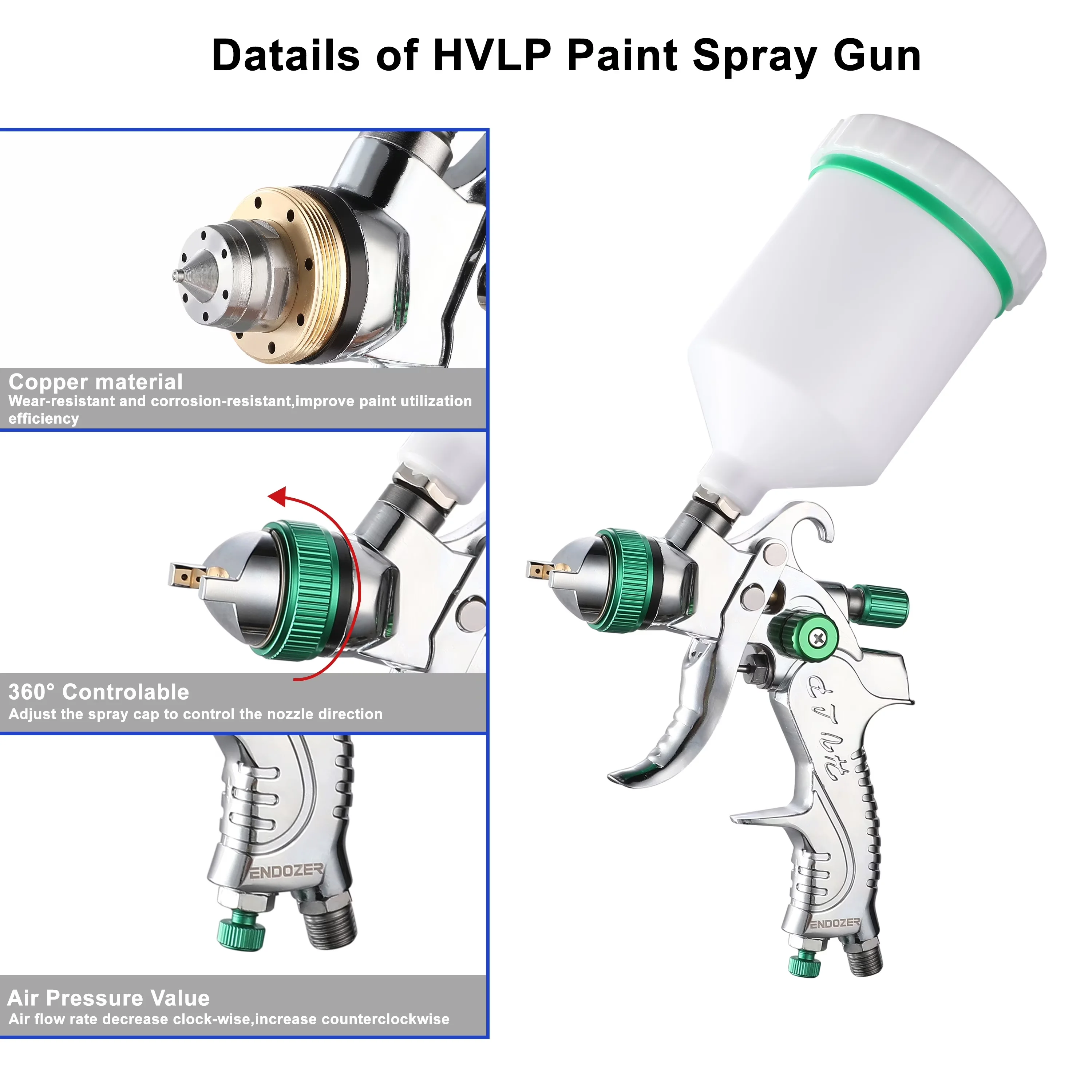 Durable Air Tools Compressor with Adjustable, Professional Grade Paint Sprayer, 600 ml Plastic Cup - Green Nozzle-1.4/1.7/2.0 Model 647295