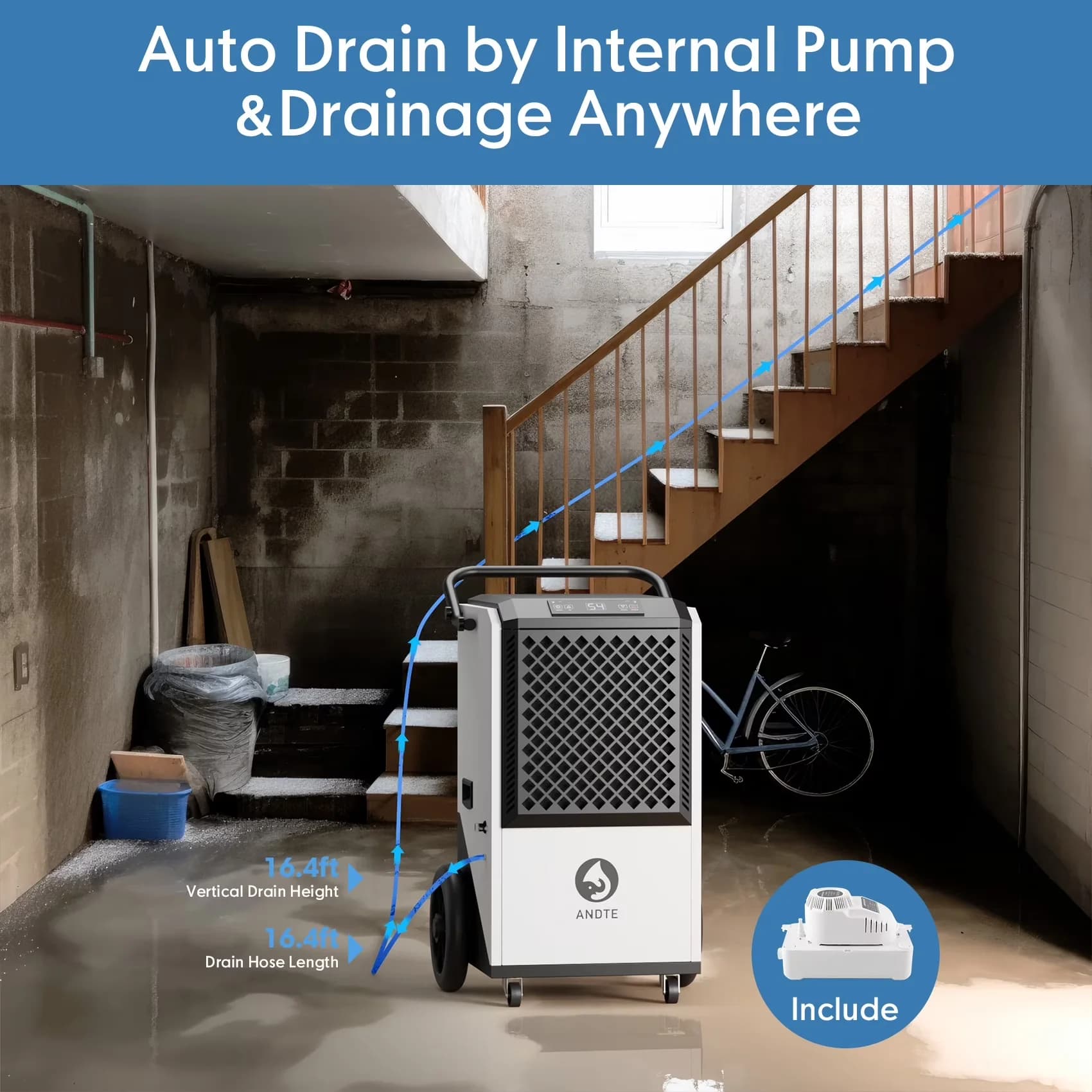 Modern Dehumidifier with Built-In Pump, Adjustable Humidistat, 250 Pints Commercial - White Model 6D4FD6
