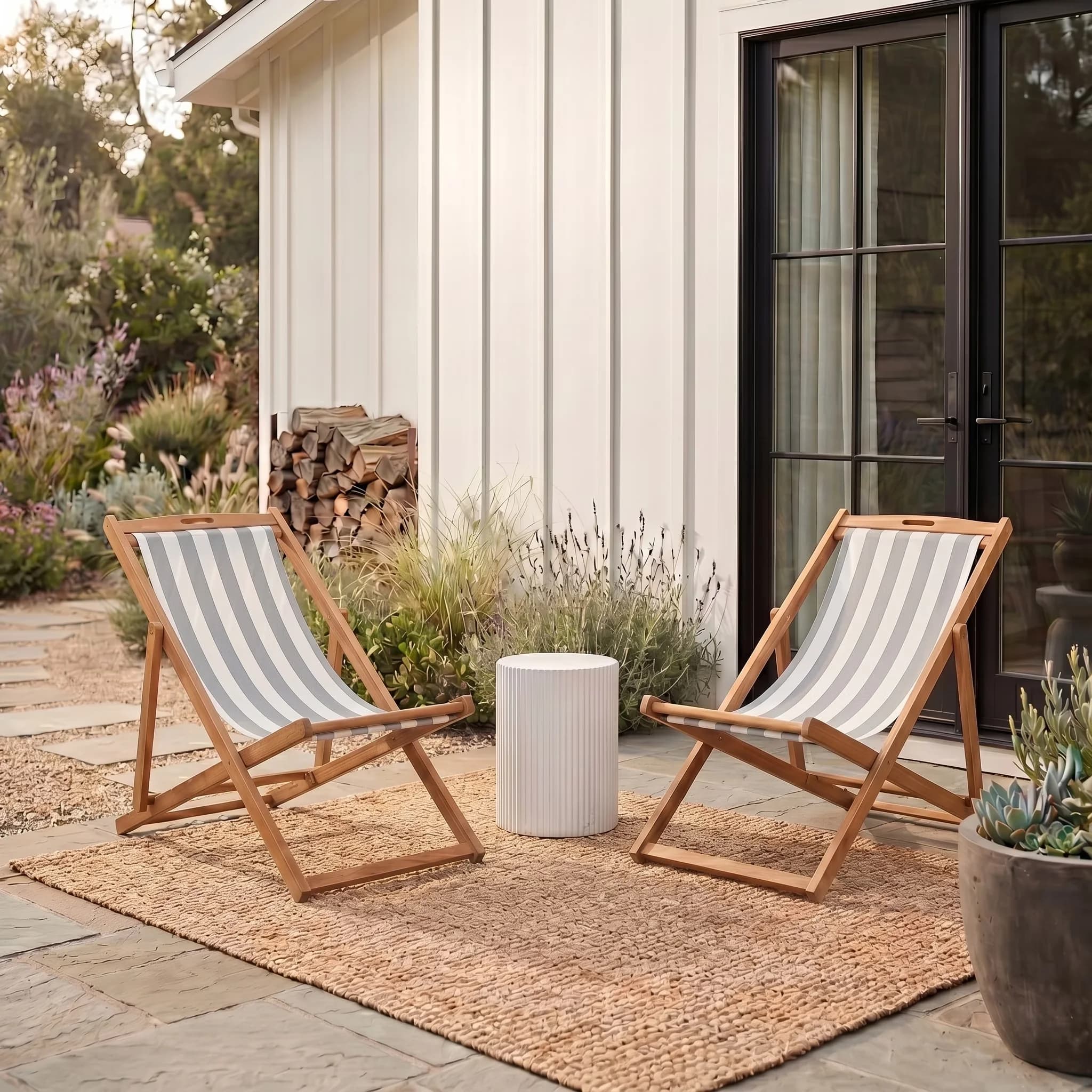 Professional Beach Chair with Folding, Set of 2, Loren Outdoor Foldable Sling - Wood Model CFCFCD