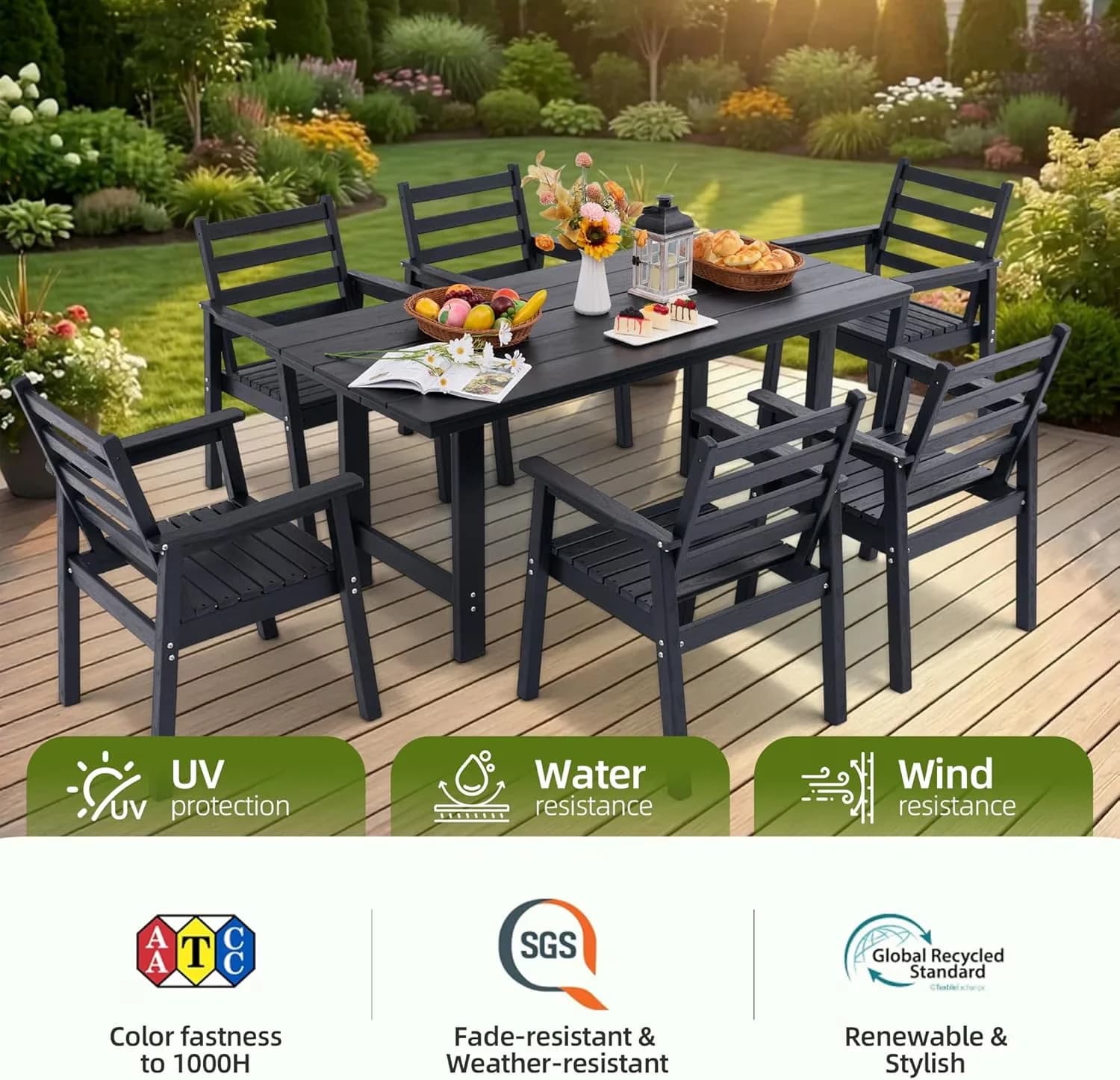 Professional Patio Dining Set with Weatherproof, UV Resistant, All-Weather HDPE Furniture - High Density Polyethylene Black Model 424346