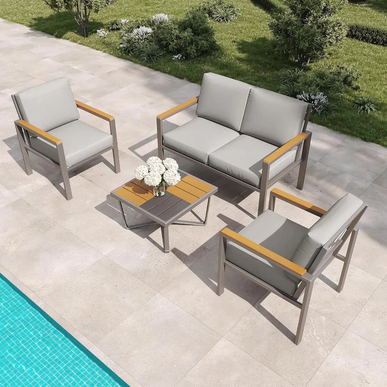 Stylish Patio Conversation Set with Metal Furniture, Gray, 4-Piece Outdoor - Model A25E5A