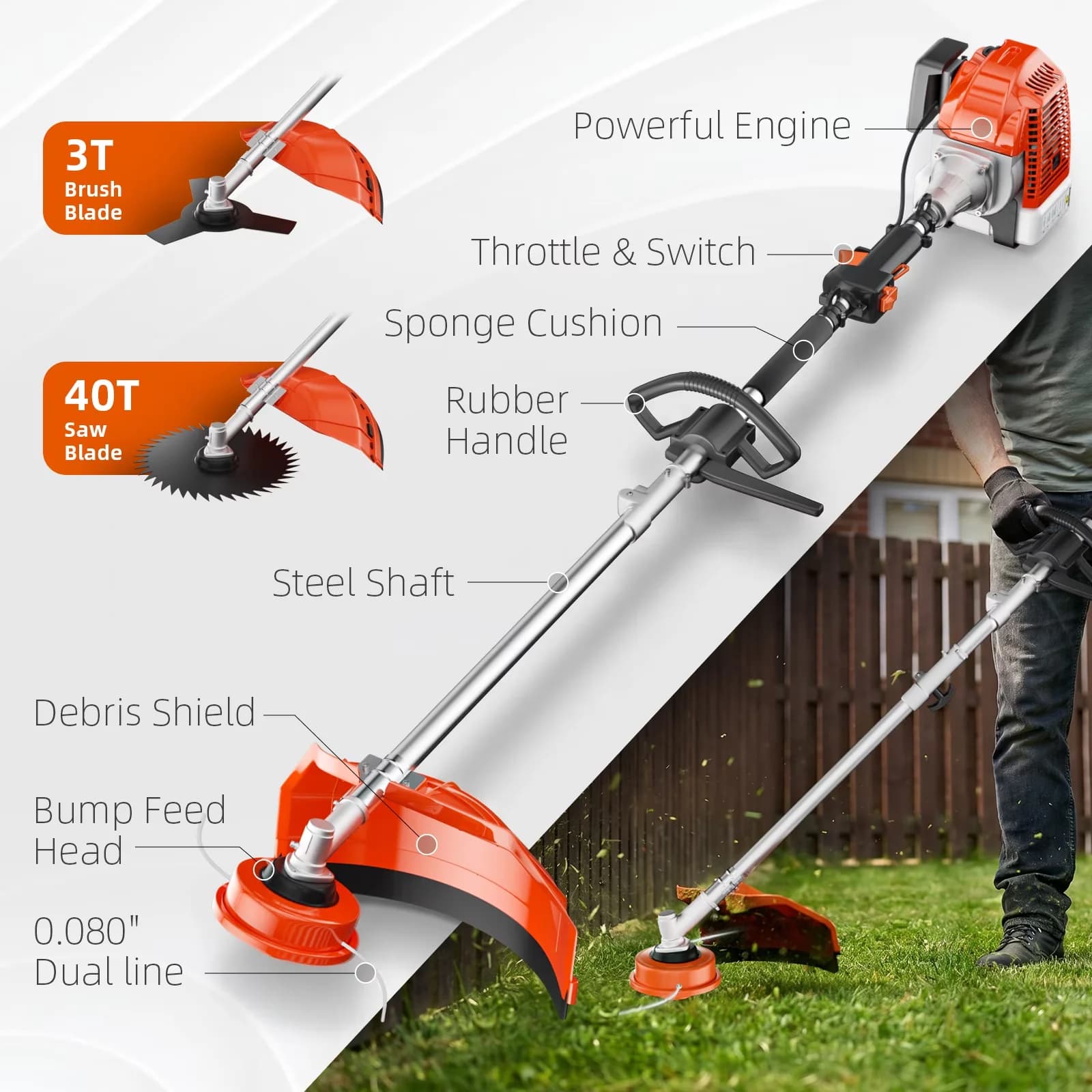 String Trimmer Durable with 52cc Gas Powered Weed Eater, 3 in 1 Gas Weed Wacker, Powerful 2 Stroke Yard Tool - Orange Model AE859A