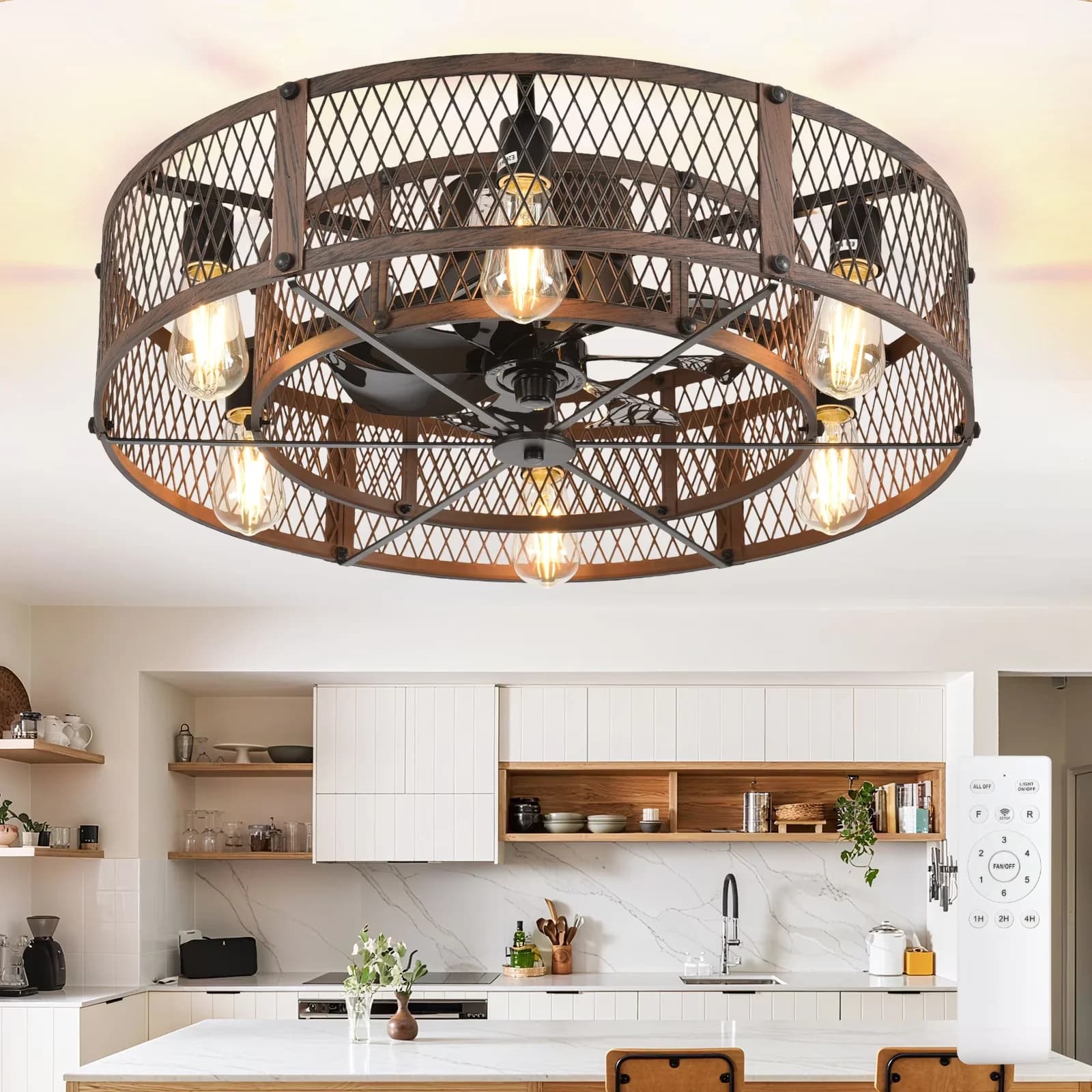 Innovative Ceiling Fan with LED, Space-Saving, 26-Inch Farmhouse Caged - Brown Model 660175