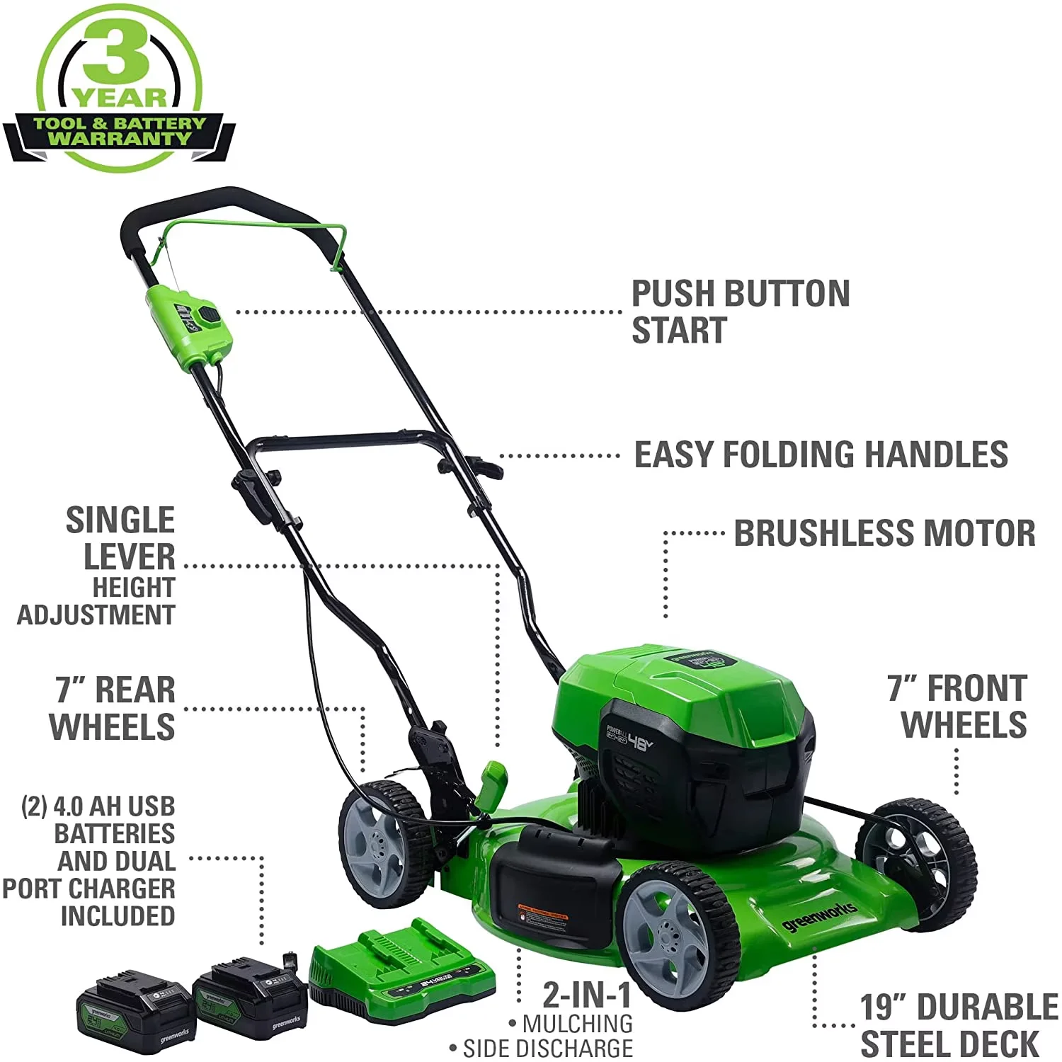 Classic Push Mower with Battery, 48V, (1) Grass Collection Bag - Green Model 5FFB85