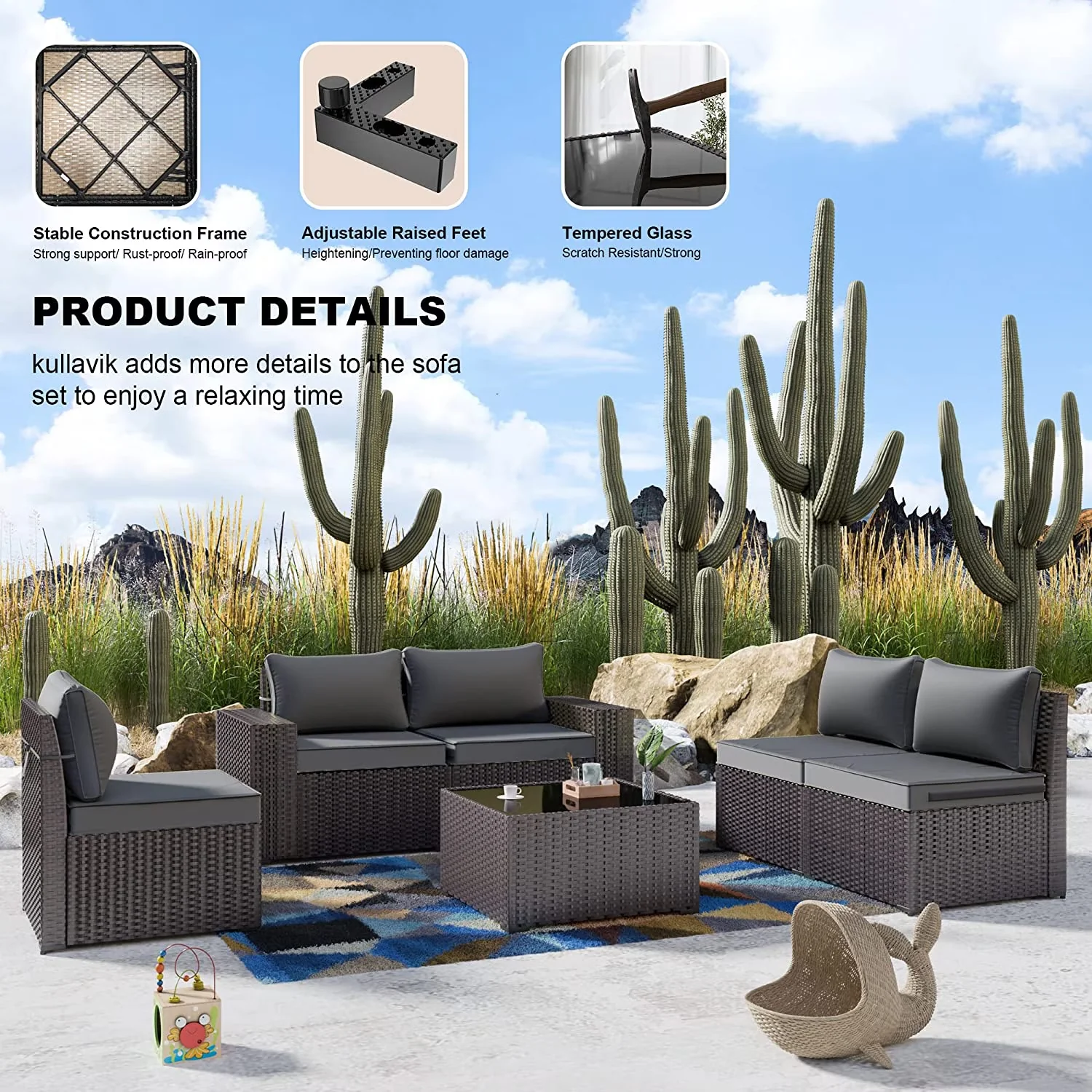 Premium Patio Conversation Set with Weatherproof, Grey - Glass, Rattan, Wicker Gray Model CC6E14
