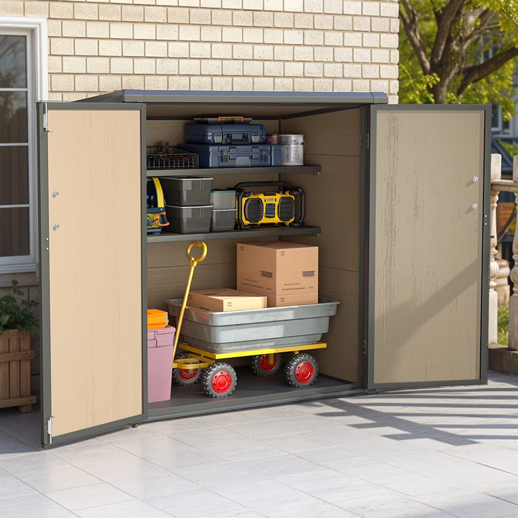 Shed Innovative with Waterproof, Lockable Door, 51 Cu Ft Outdoor Vertical Storage - Plastic Brown Model 290BEE