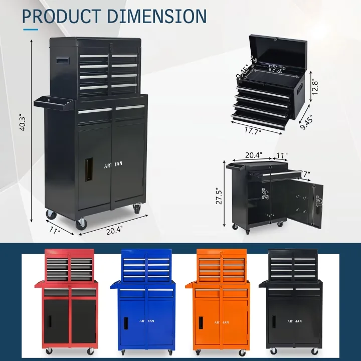 Modern Toolstorage with Caster Wheels, Adjustable, Detachable Top Tool Box - Black Iron Model 331F20
