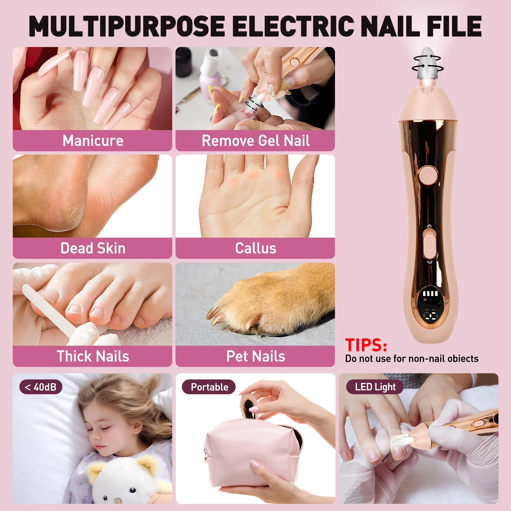 Classic Power Tool with LED, Cordless Electric Nail File, 10-Speed Nail Drill Kit - Abs Pink Model 13778C