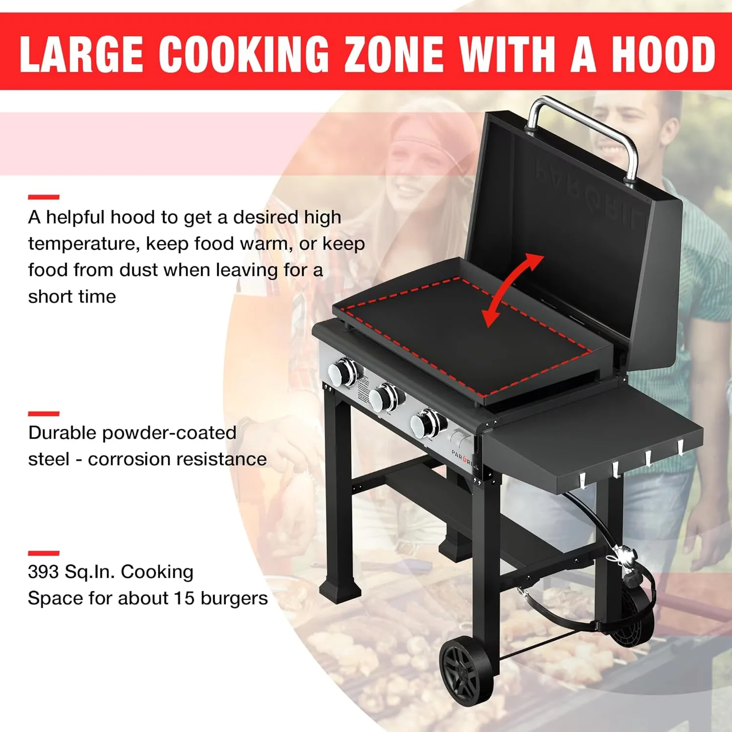 Versatile Flat Top Grill with Grease Pan, Tool Holder, Side Shelves - Stainless Steel Model 864BDD