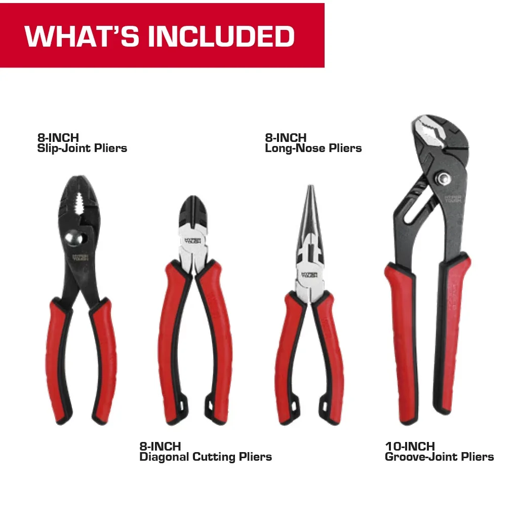 Premium Hand Tool with Comfort Grip, 4-Piece CR-V Pliers Set, Dual Material Comfort Grips - Red Model C7DD96