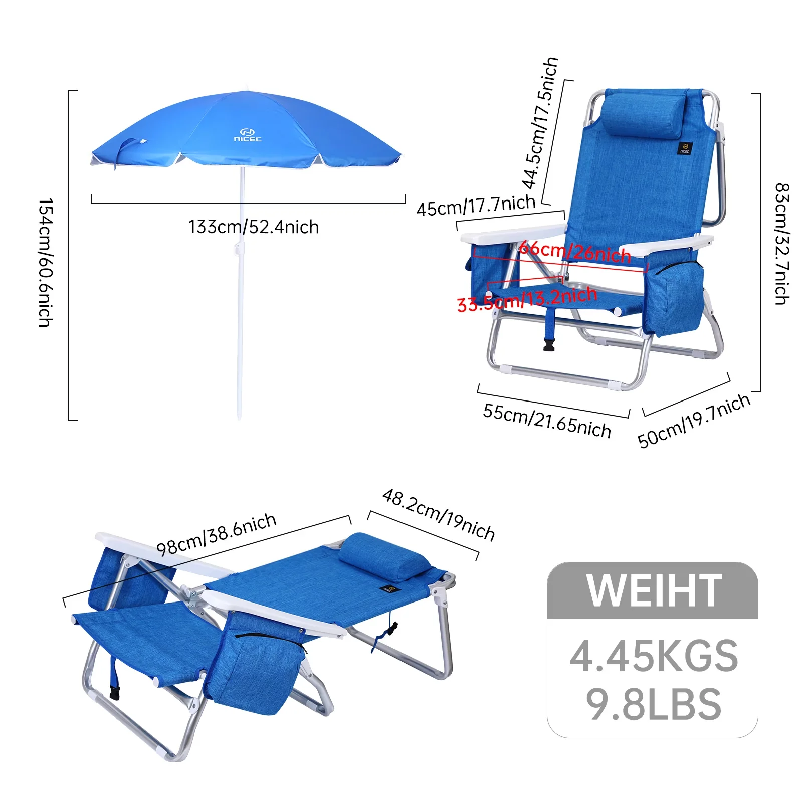 Classic Beach Chair with Adjustable, Folding, Cooler - Blue Polyester Backpack Model BEE5D5