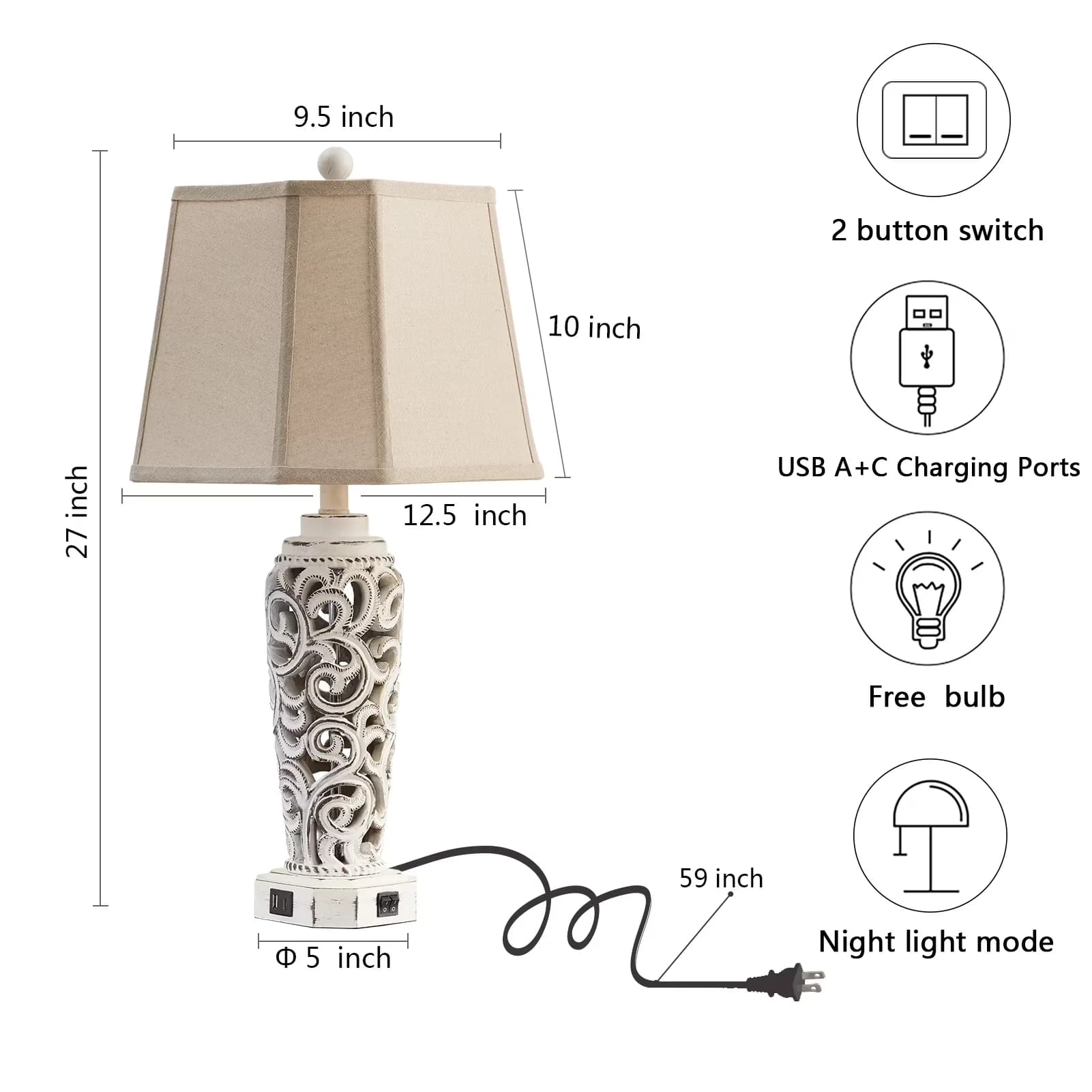 Compact Lamp Set with LED, Rustic/Lodge, Usb Port - Resin White Open - Traditional Style Model 24CDB5