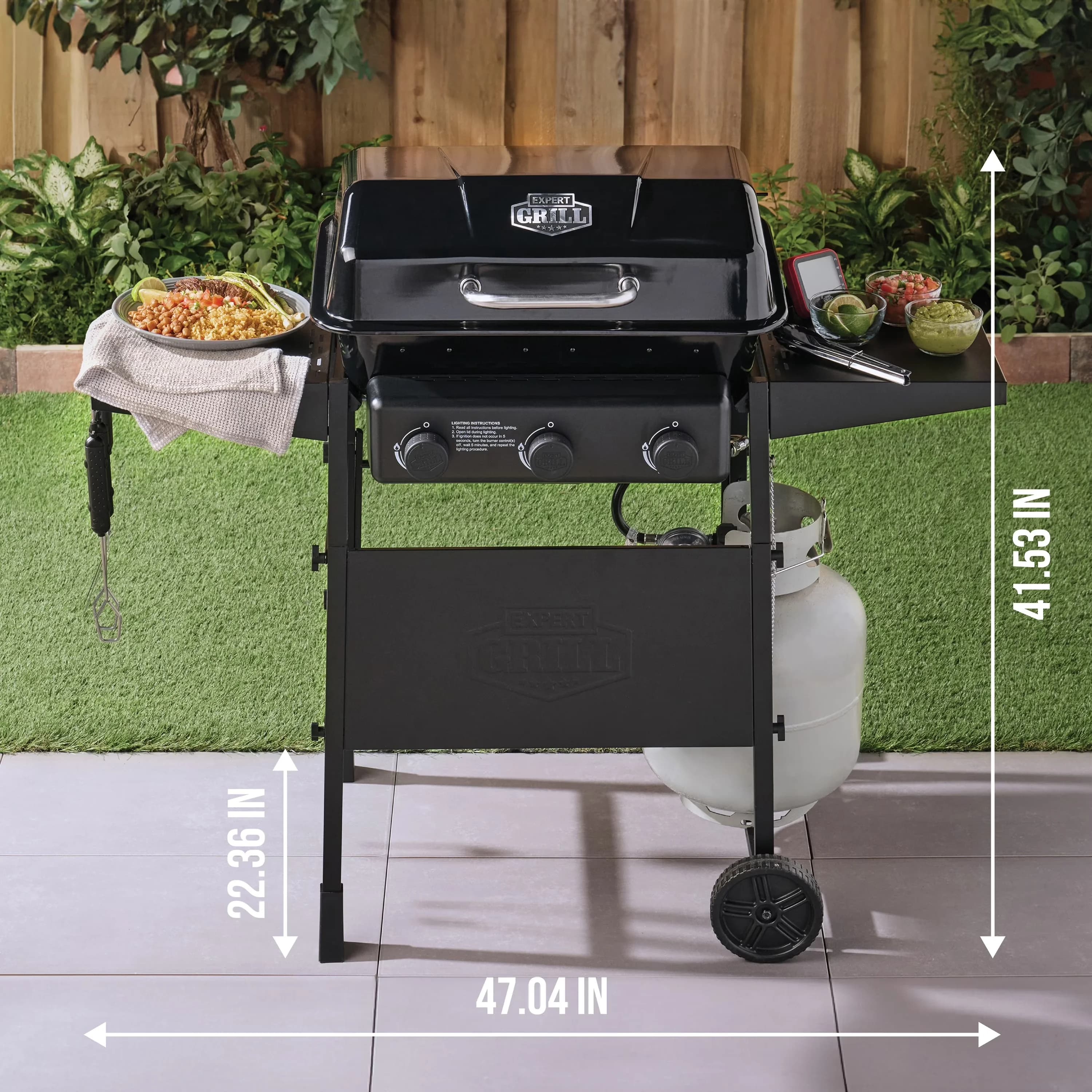 Premium Gas Grill with Warming Rack, Wheels and Side Shelves, Black - Powder-Coated Steel Model 8C34E2