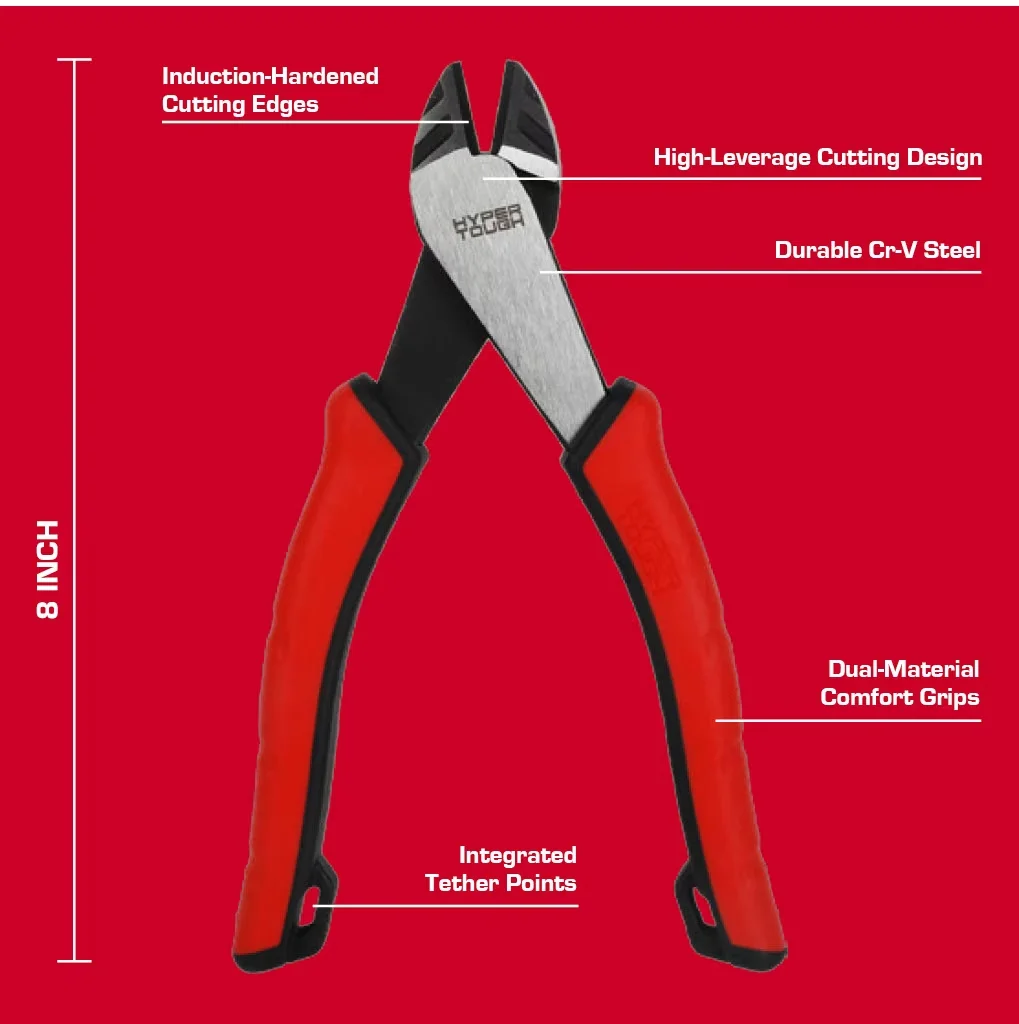 Versatile Hand Tool with Heavy-Duty, 8-inch High Leverage Diagonal Pliers - Red 8" Model 3A7E5F