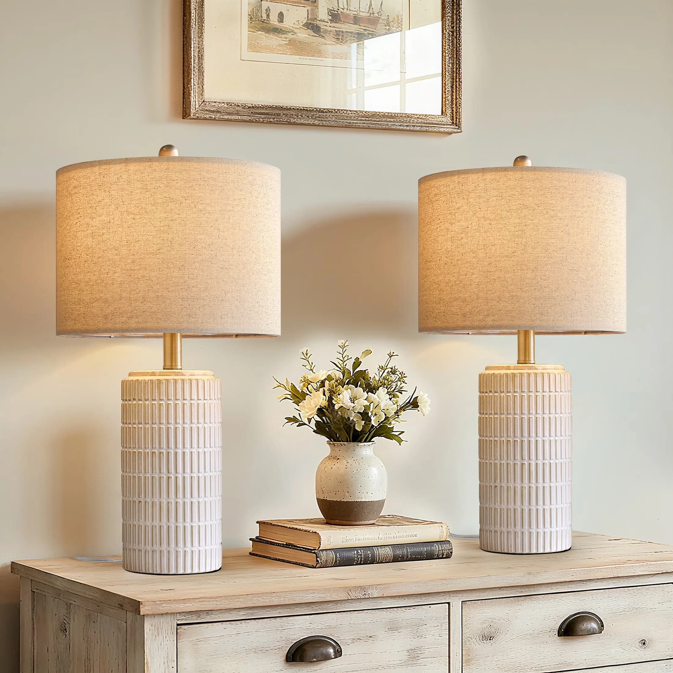 Table Lamp Essential with LED, Modern, White Ceramic Lamps Set of 2 - Ceramic White Model 443C03