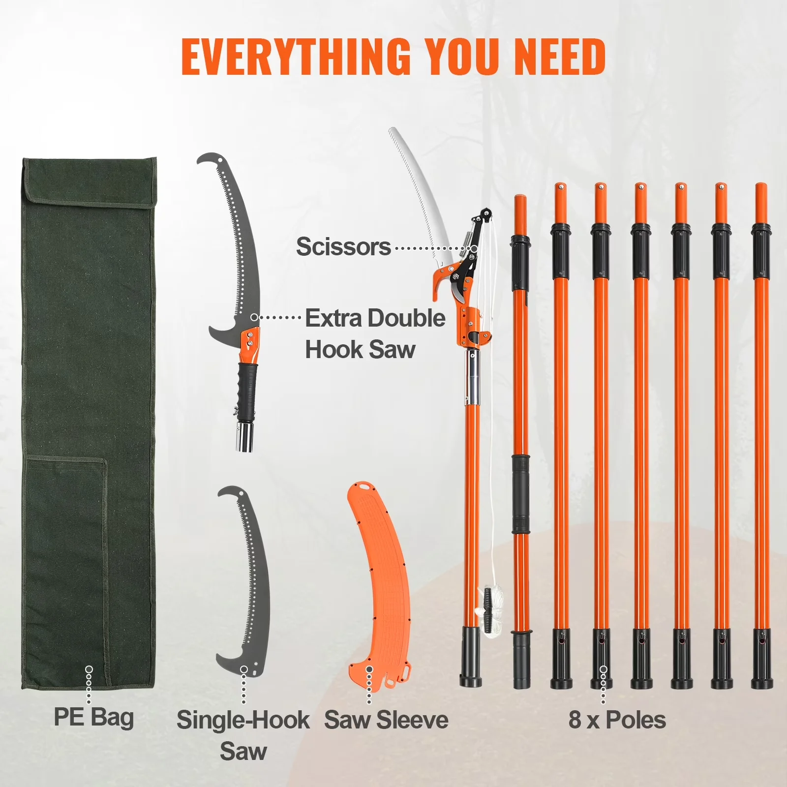 Efficient Pole Saw with Adjustable 7.3-27 ft Tree Cutter, Keen Steel Blade and Shears - Orange Model 26FD5A