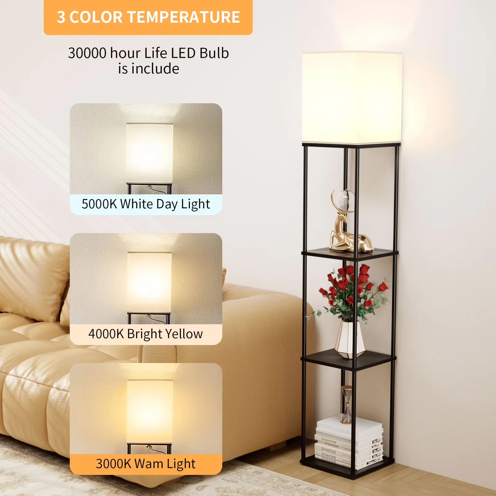 Premium Lamp with LED, Shelf Lamps, Modern - Black Fabric Floor - Heavy Duty Model 438CB9