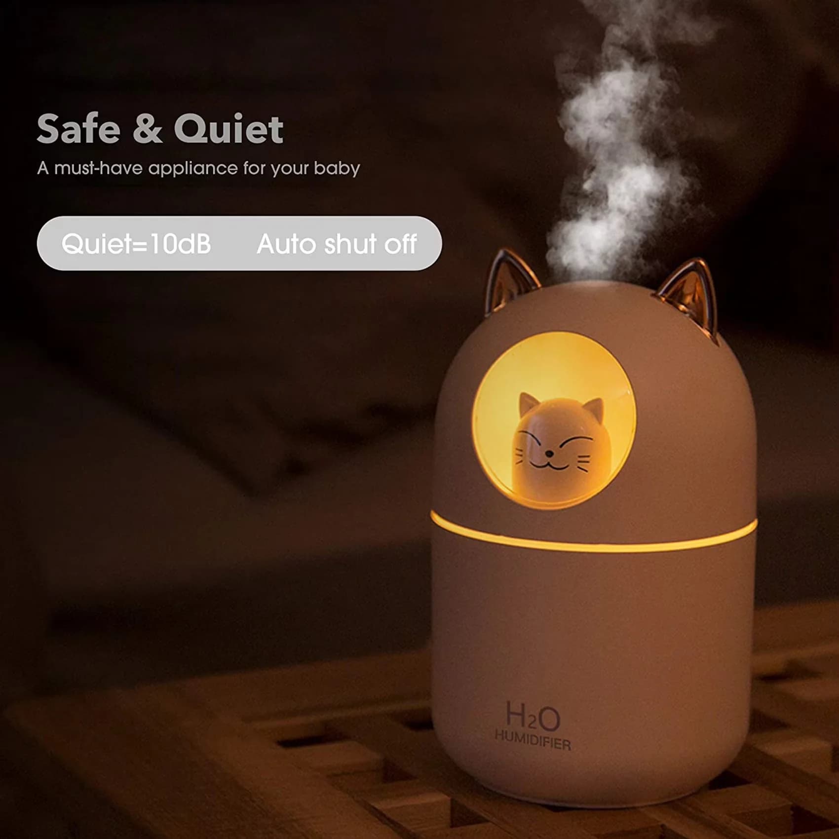 Versatile Humidifier with Purifies Air, Cute Cat Cool Mist - Gold for Home Model 3DAE1A