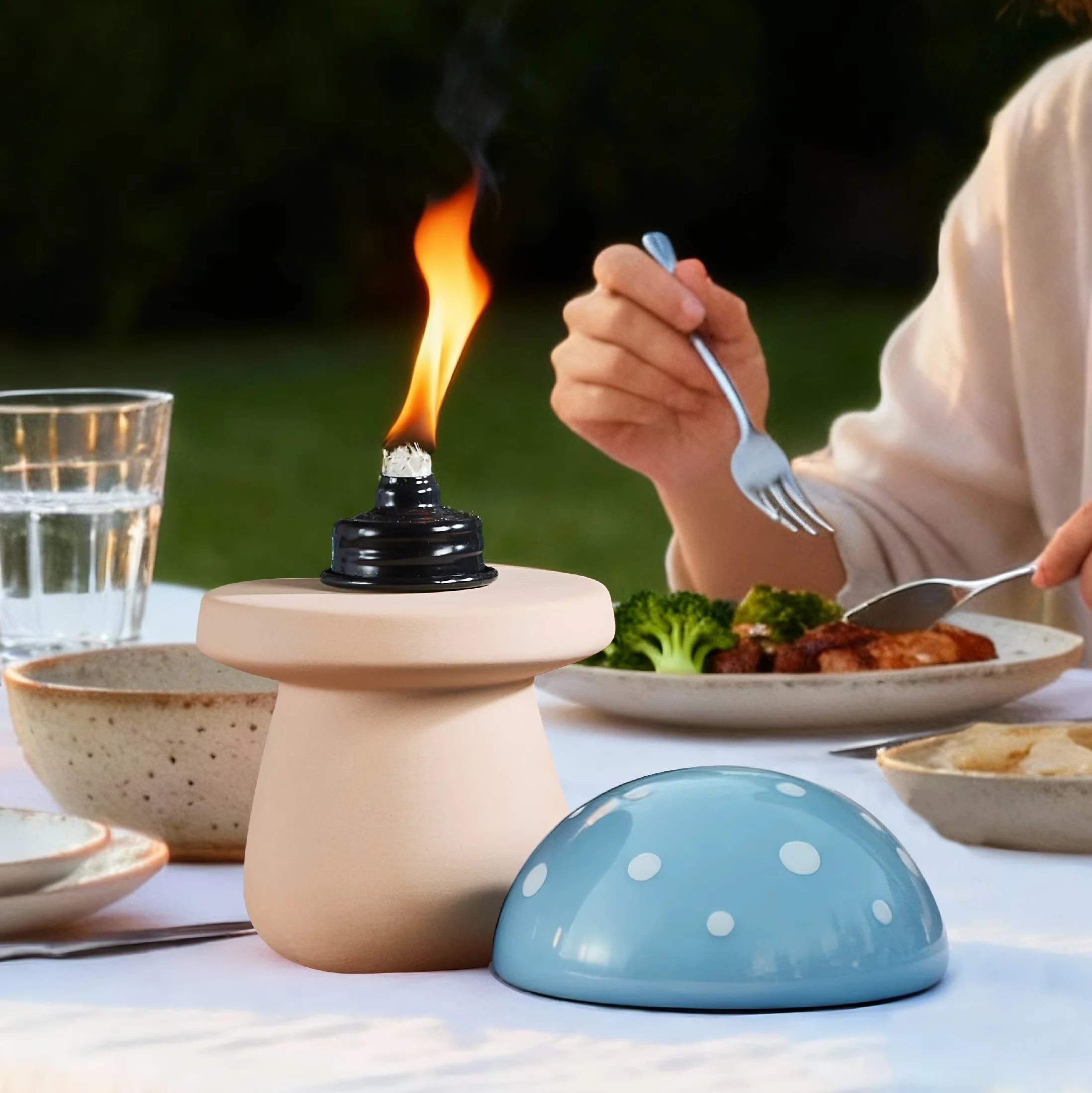Classic Outdoor Heating with Fiberglass Wicker, Blue Ceramic Mushroom Table Torch - Ceramic Blue Model 7DC41B