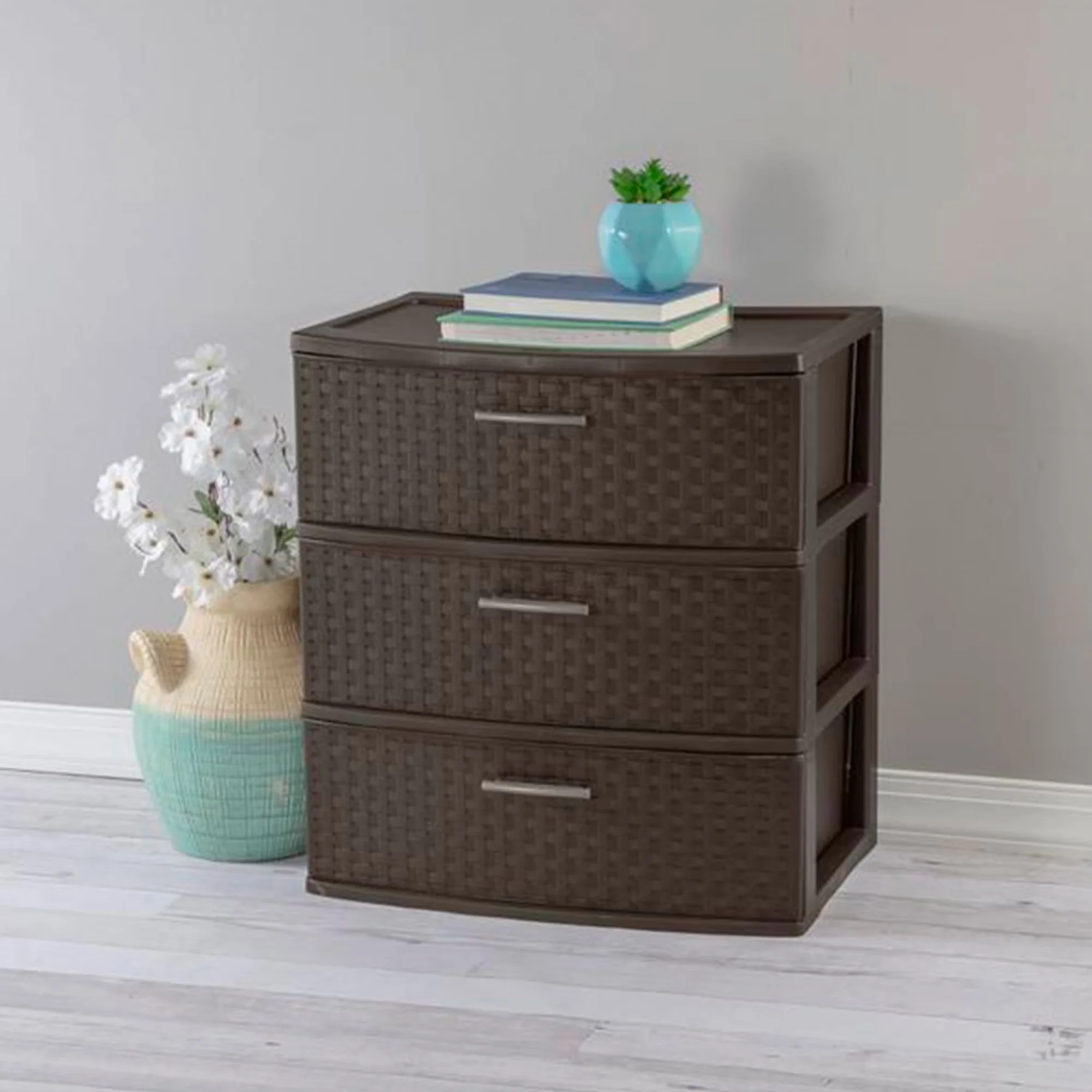 Essential Garage Storage Supply with Carrying Handles, Espresso, Wide 3 Drawer Weave Tower - Brown Plastic Model 98FE81