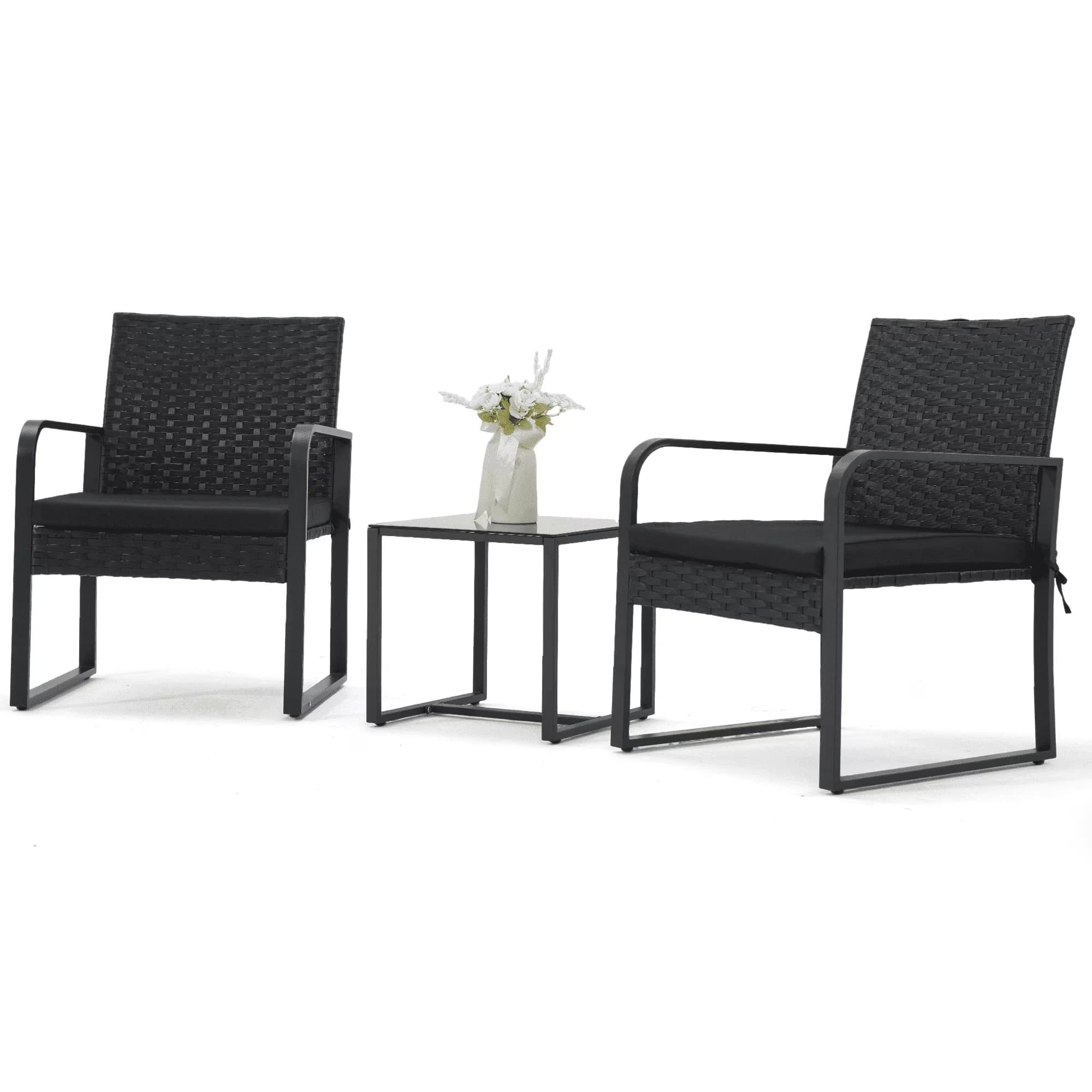 Classic Patio Dining Set with Waterproof, Black (Round Arm) - Metal, Pe Rattan, Glass Black(Round Arm) Model 678DE4