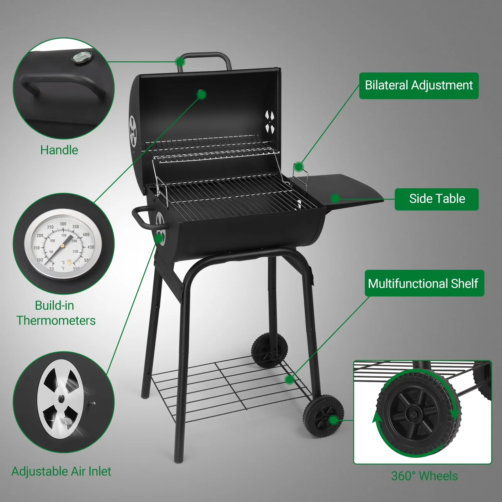 Durable Charcoal Grill with Thermometer, Product Size: (33.9 x 20.5 x 40.6)" - Steel Model 828BC4