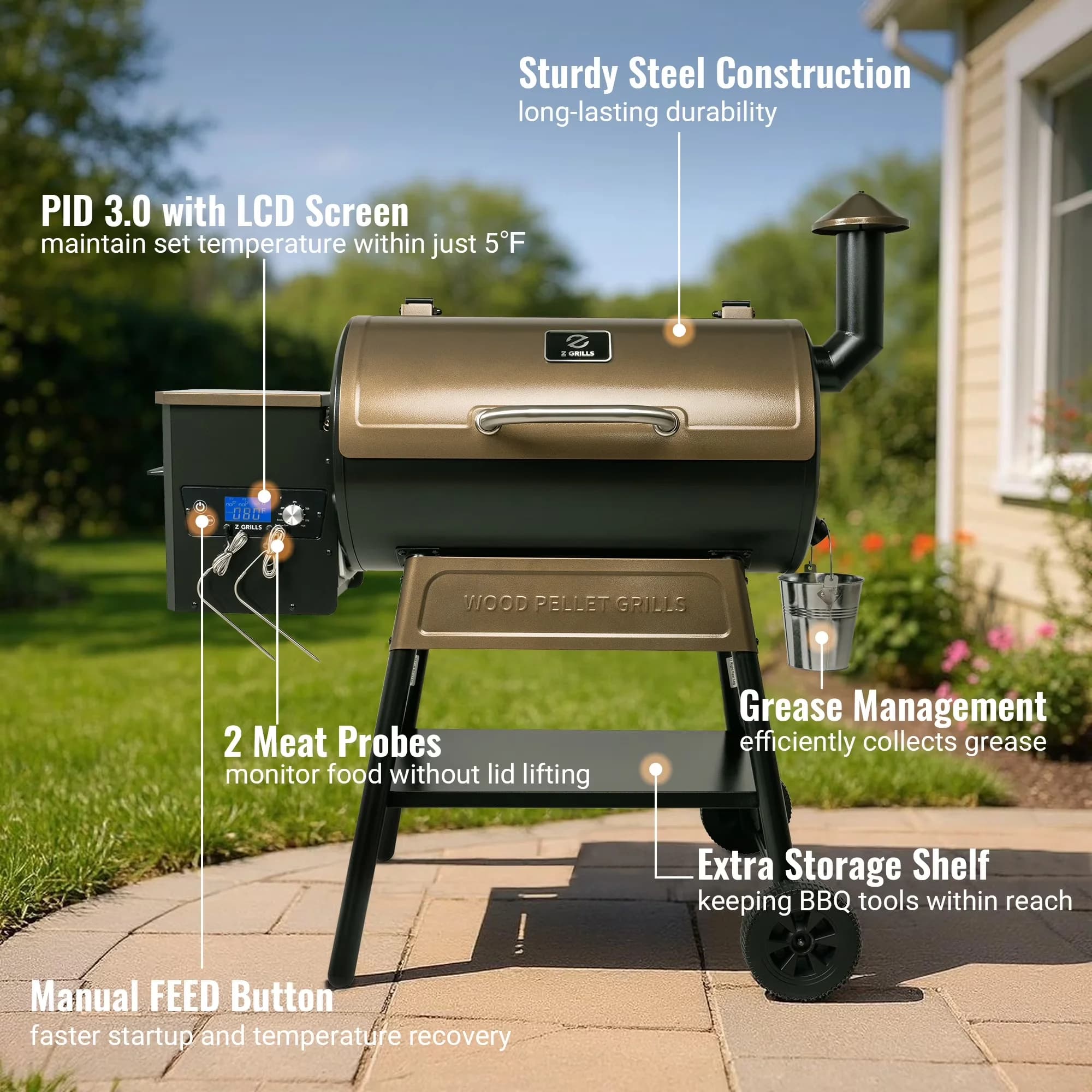 Premium Smoker with Removable Ash Catcher, Grease Pan, Warming Rack - Bronze Steel Model 9A4539