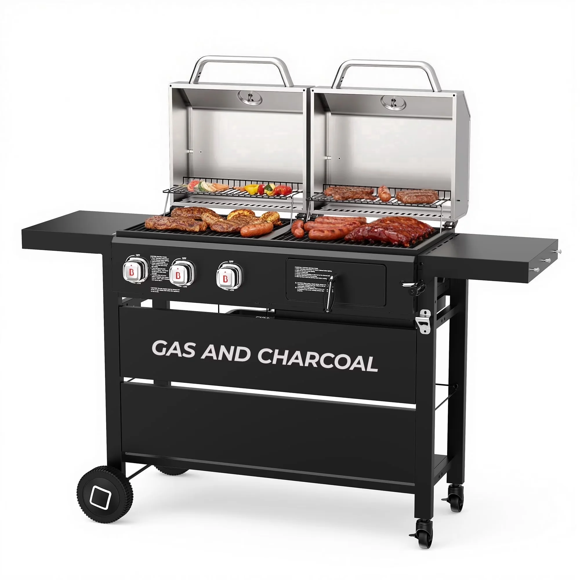 Combo Grill Efficient with Grease Pan, Adjustable Air Vents, Adjustable Charcoal Tray - Steel Model D5009D