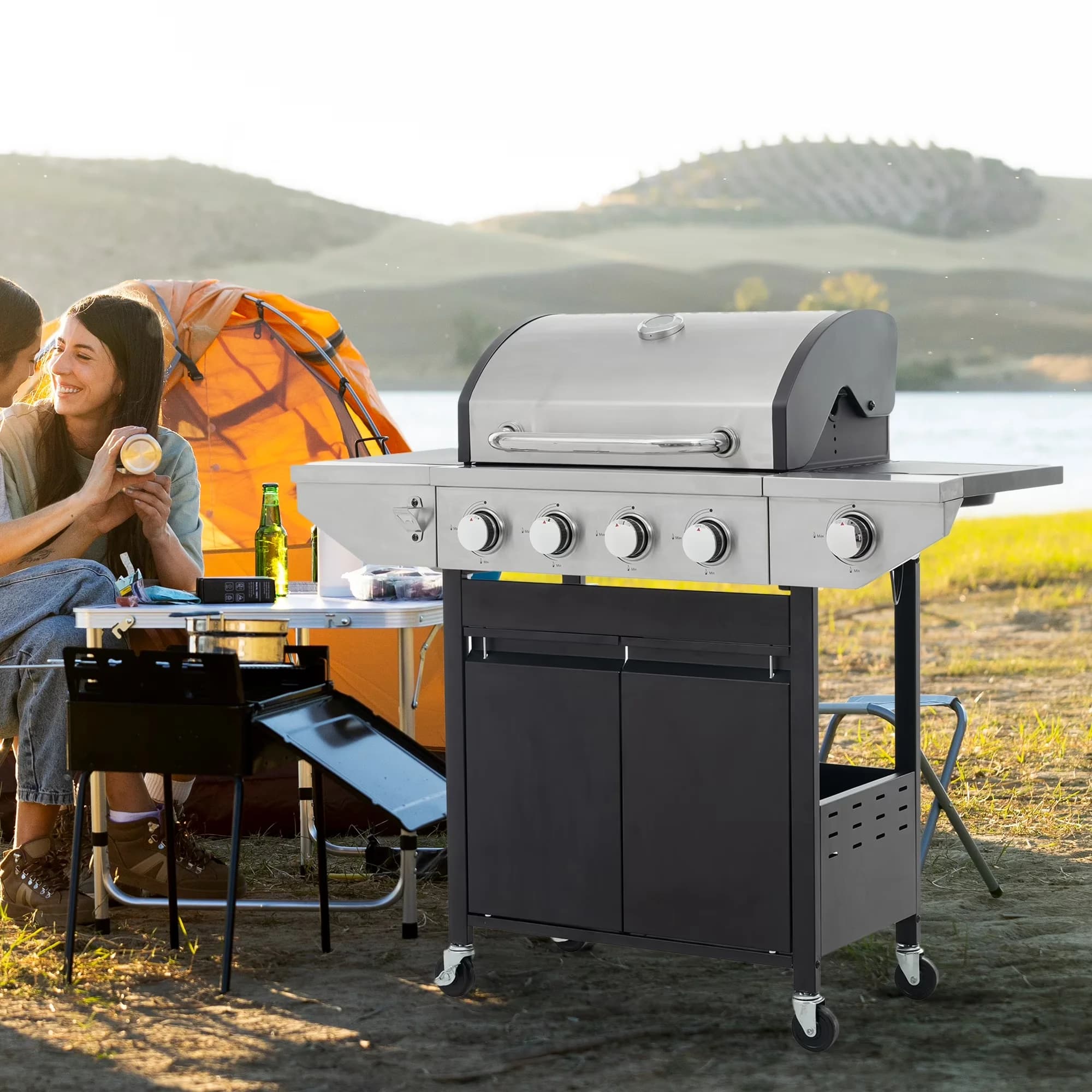 Premium Gas Grill with 46500 BTU, Portable, Heat Thermometer - Stainless Steel Black for Outdoor, Patio Model E1388E