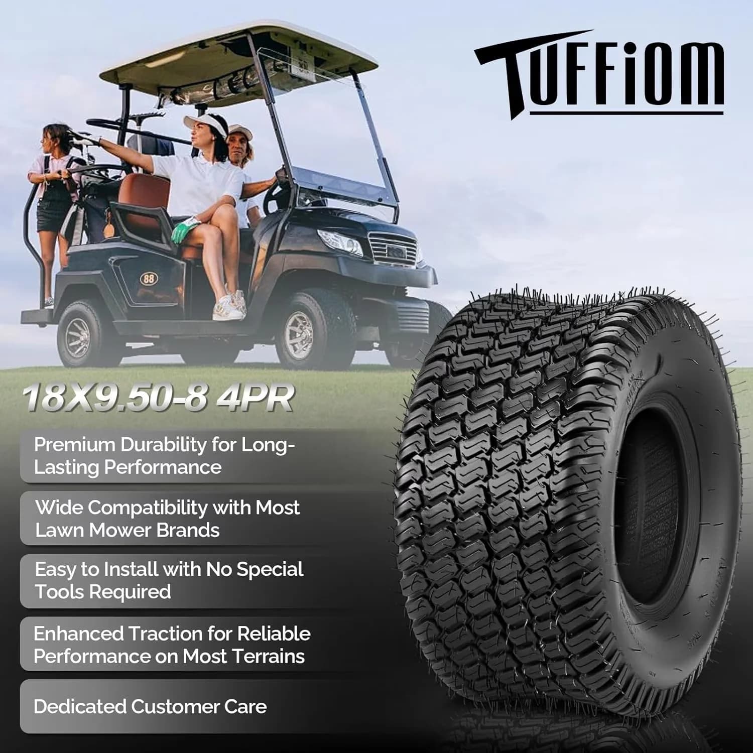 Lawn Mower Tire Versatile with Multi Surface, Set of 2 Tubeles Turf, 18x9.50-8 Tires for Garden - Model EF5FB0