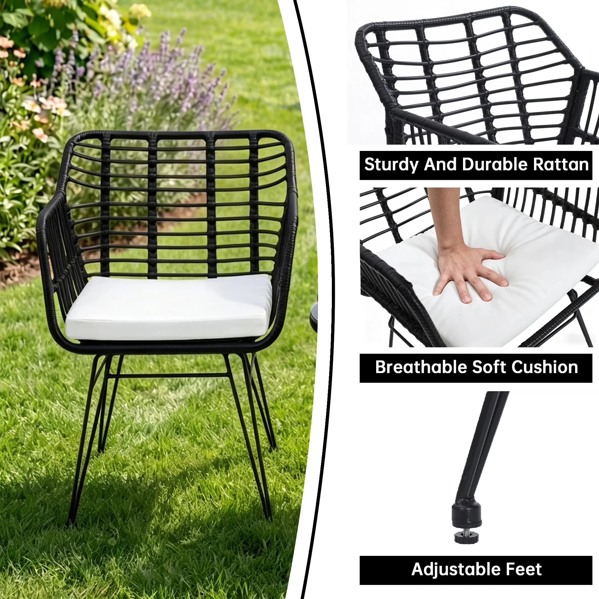 Professional Patio Dining Set with Waterproof, 3 Pieces Bistro, Black - Black Rattan Model 953CB7