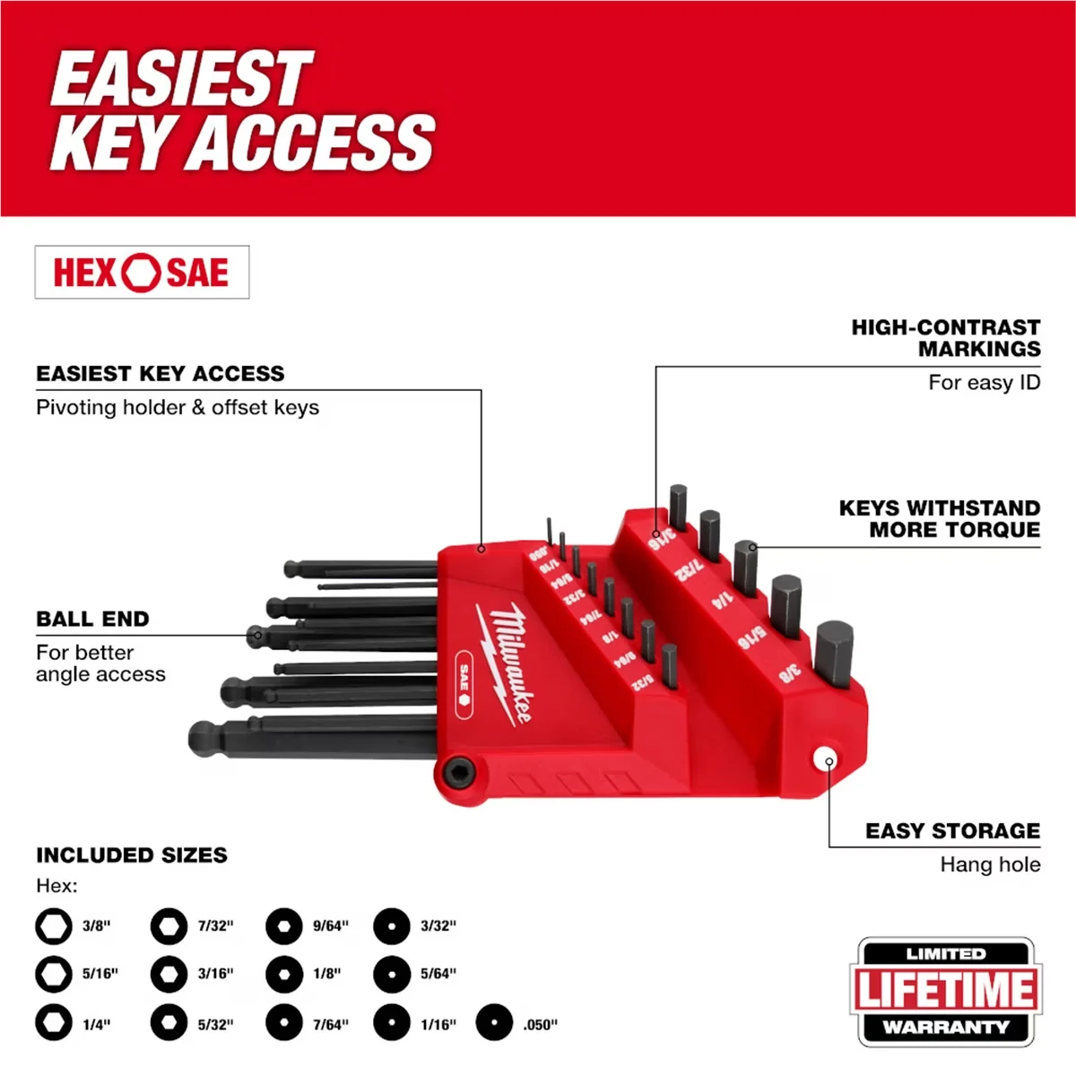Quality Hand Tool with Keys Withstand More Torque, High-Contrast Markings for Easy ID, Ball End for Better Angle Access - Black Model 19A94C