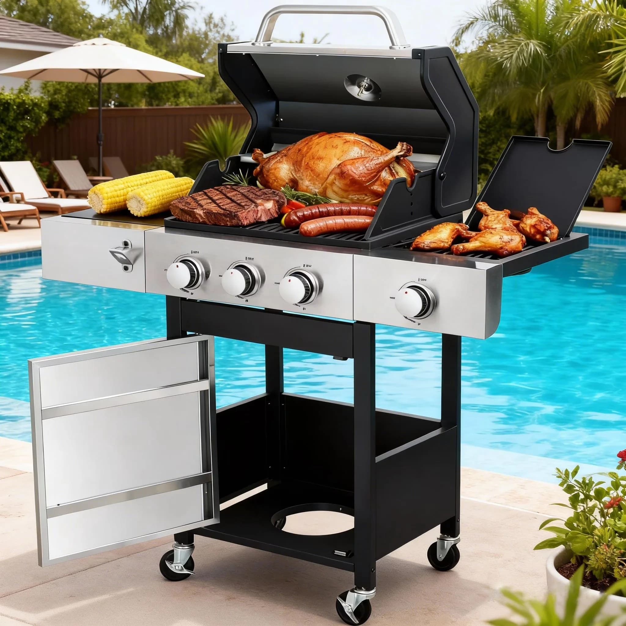 Sleek Gas Grill with 37230 BTU, Heat Thermometer - Silver Iron,Stainless Steel for Patio, Garden Model 1340C7