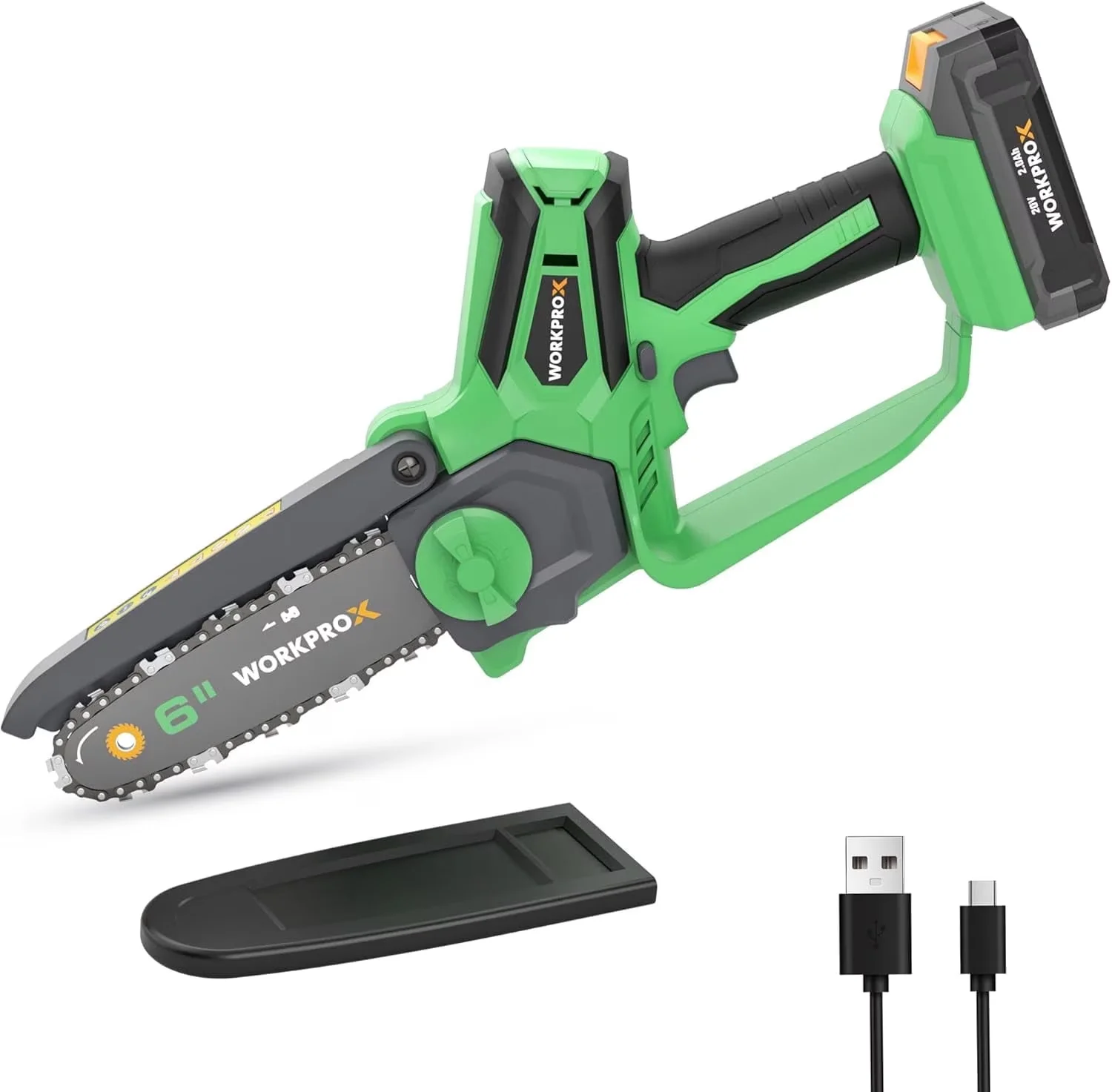 Innovative Chainsaw with Battery, 20V, Chain Catcher - Green for Garden Model 15E698