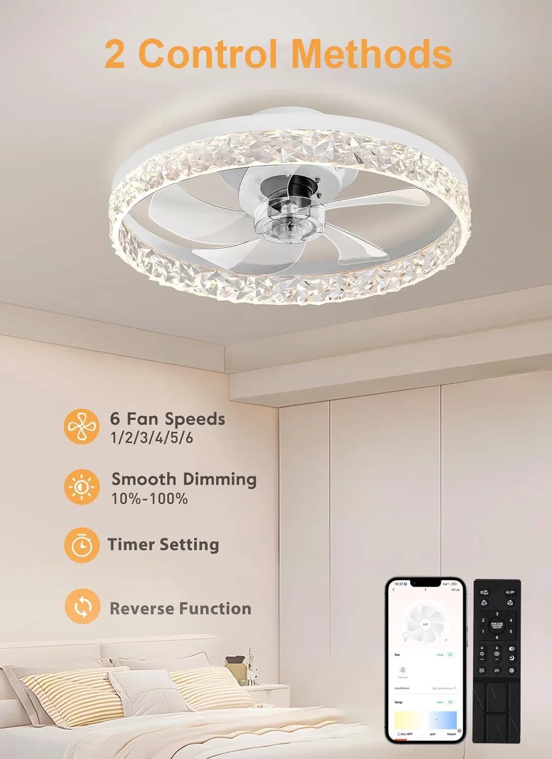 Efficient Ceiling Fan with LED, Flush Mount, 20" Smart - 3000K-6500K for Everyday Use Model E5B4FC