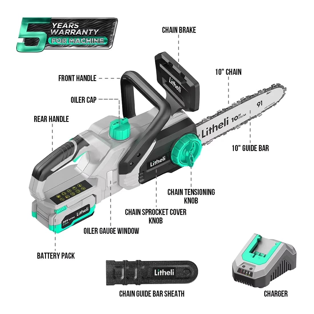 Durable Chainsaw with Battery, 20V, Automatic Chain Oiler - Gray&Black for Garden Model 0AF851