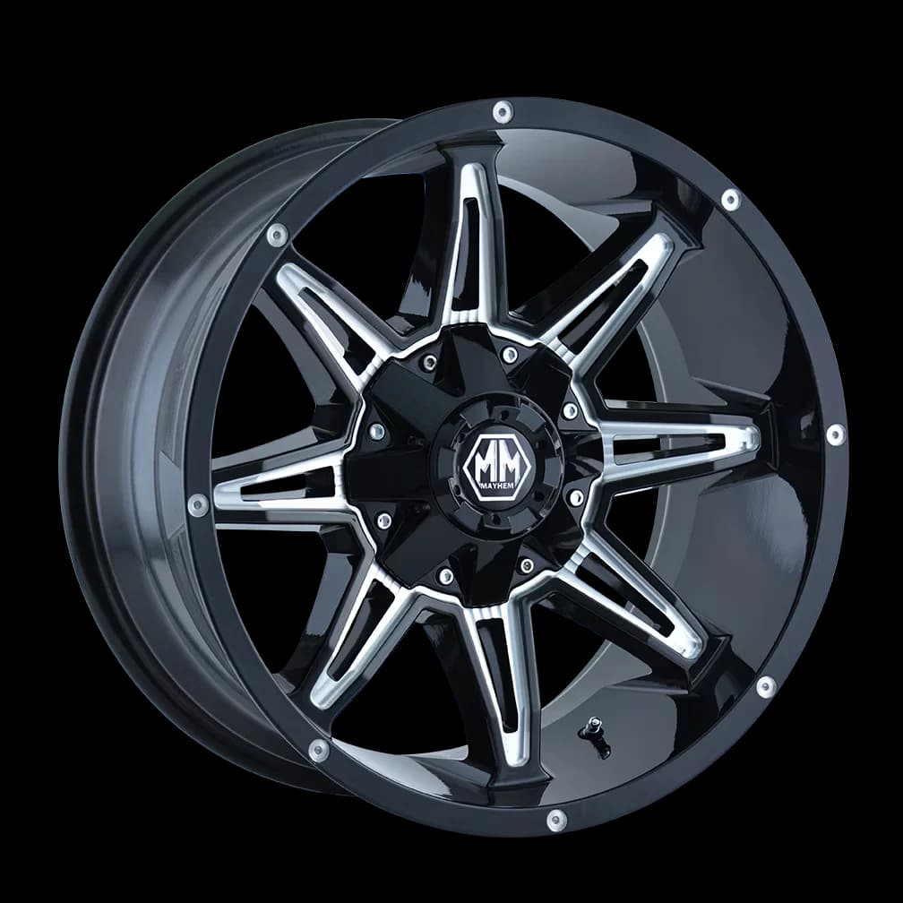 Sleek Wheels And Rim with RAMPAGE (8090) GLOSS BLACK MILLED, Mayhem may8090-2937M18 - Aluminum Model 9DF3A3