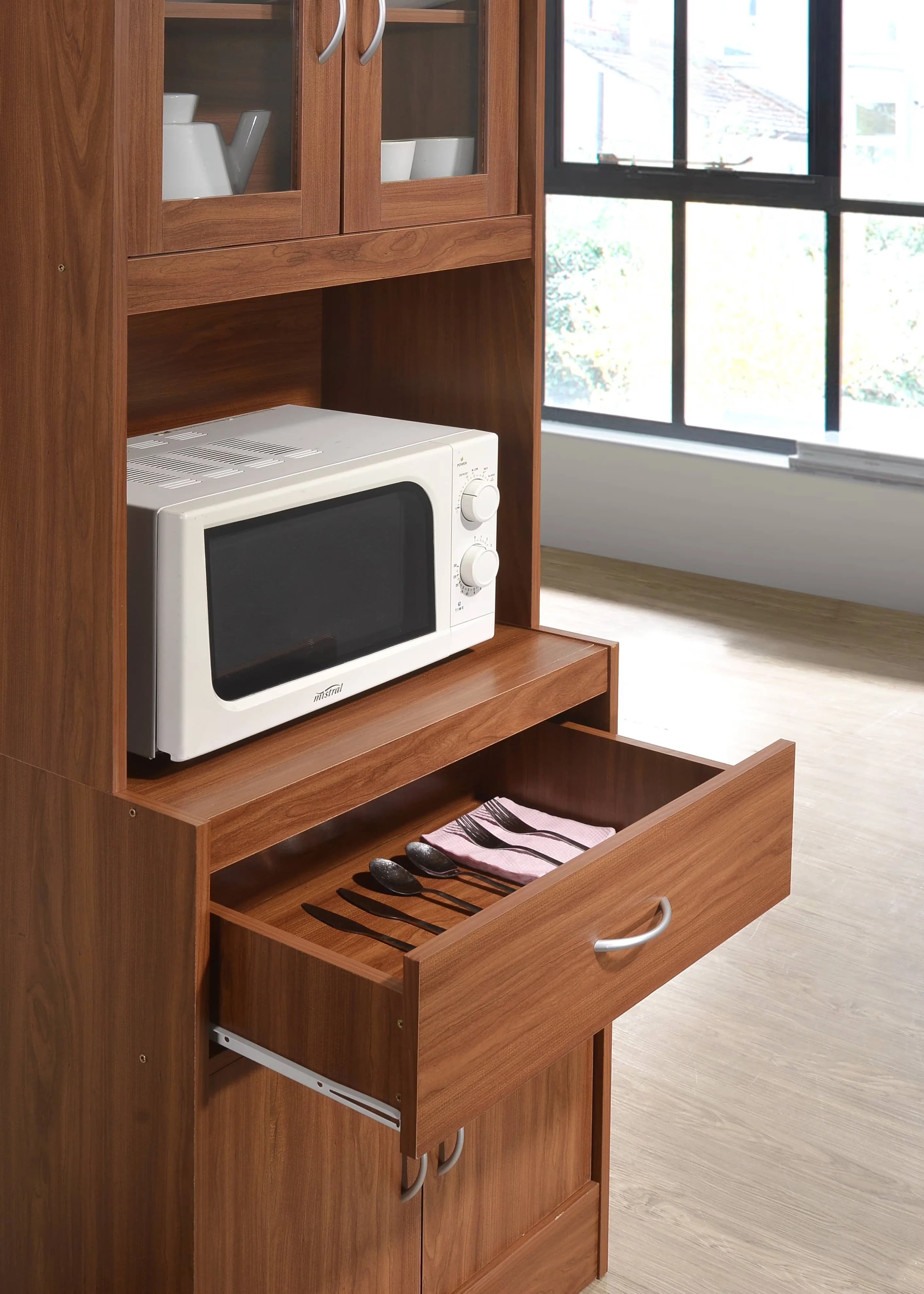 Premium Kitchen Renovation with Contemporary, Microwave Shelf, 1-Drawer - Wood Laminate Red Model 563EC7
