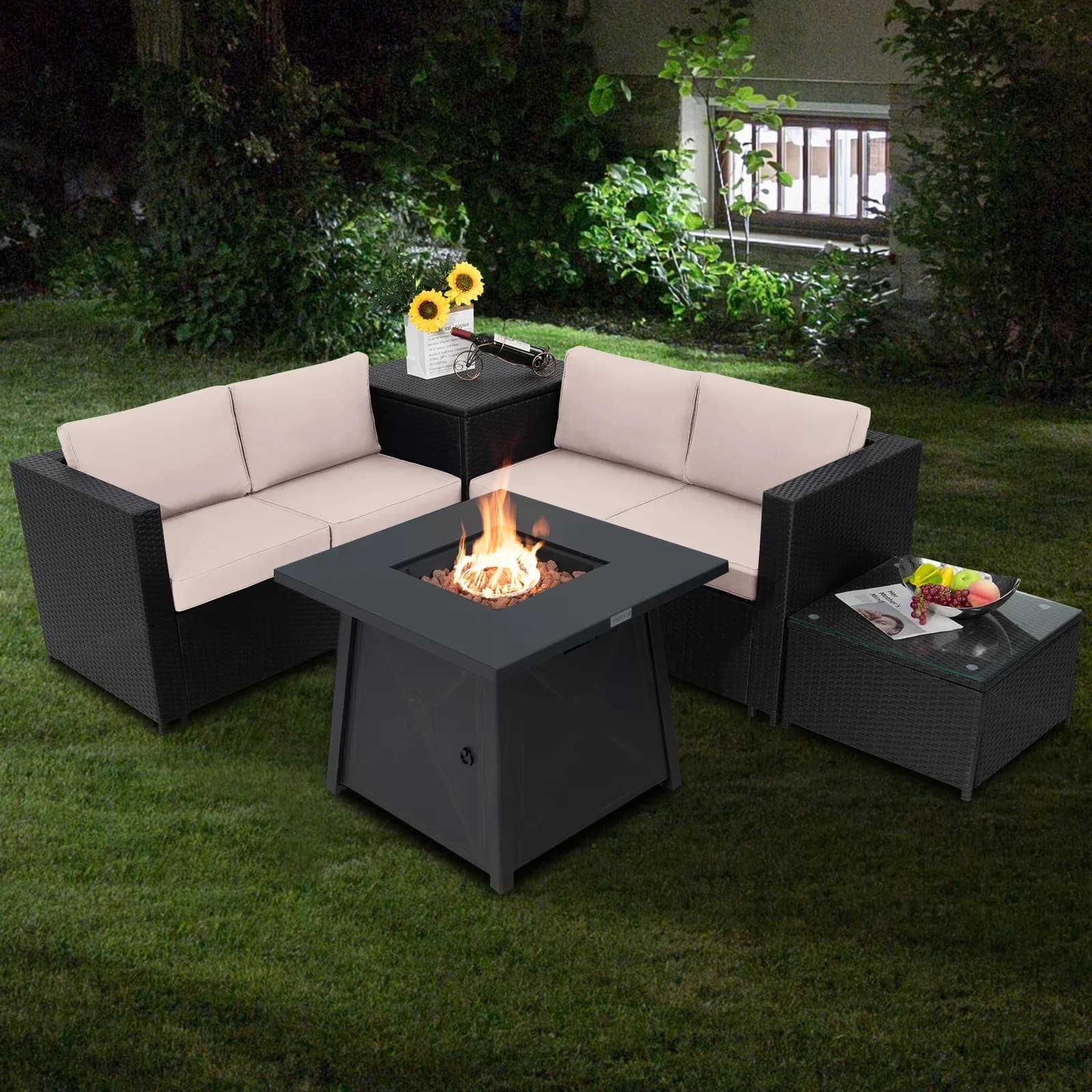 Innovative Patio Conversation Set with 50000 BTU, Storage, 5-Piece Outdoor Furniture - Beige Pe Rattan, Steel, Polyester, Sponge,... Model 7308DF