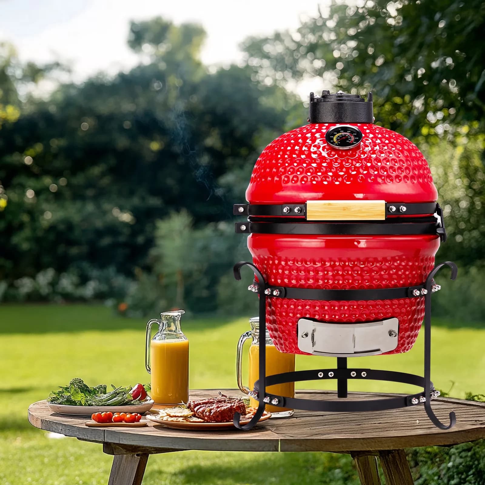 Smoker Premium with Heat Thermometer, 13in Round Ceramic Charcoal Grill - Ceramic Body, Cast Iron Lid, Iron Stand And Hardware Red Model B3EF71
