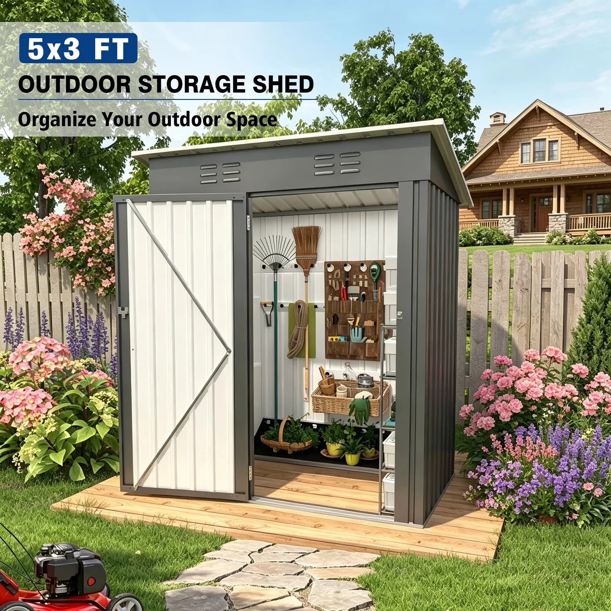 Compact Shed with Lockable Door, Rust Resistant, Rot Resistant - Gray Metal for Patio, Garden Model 479E09