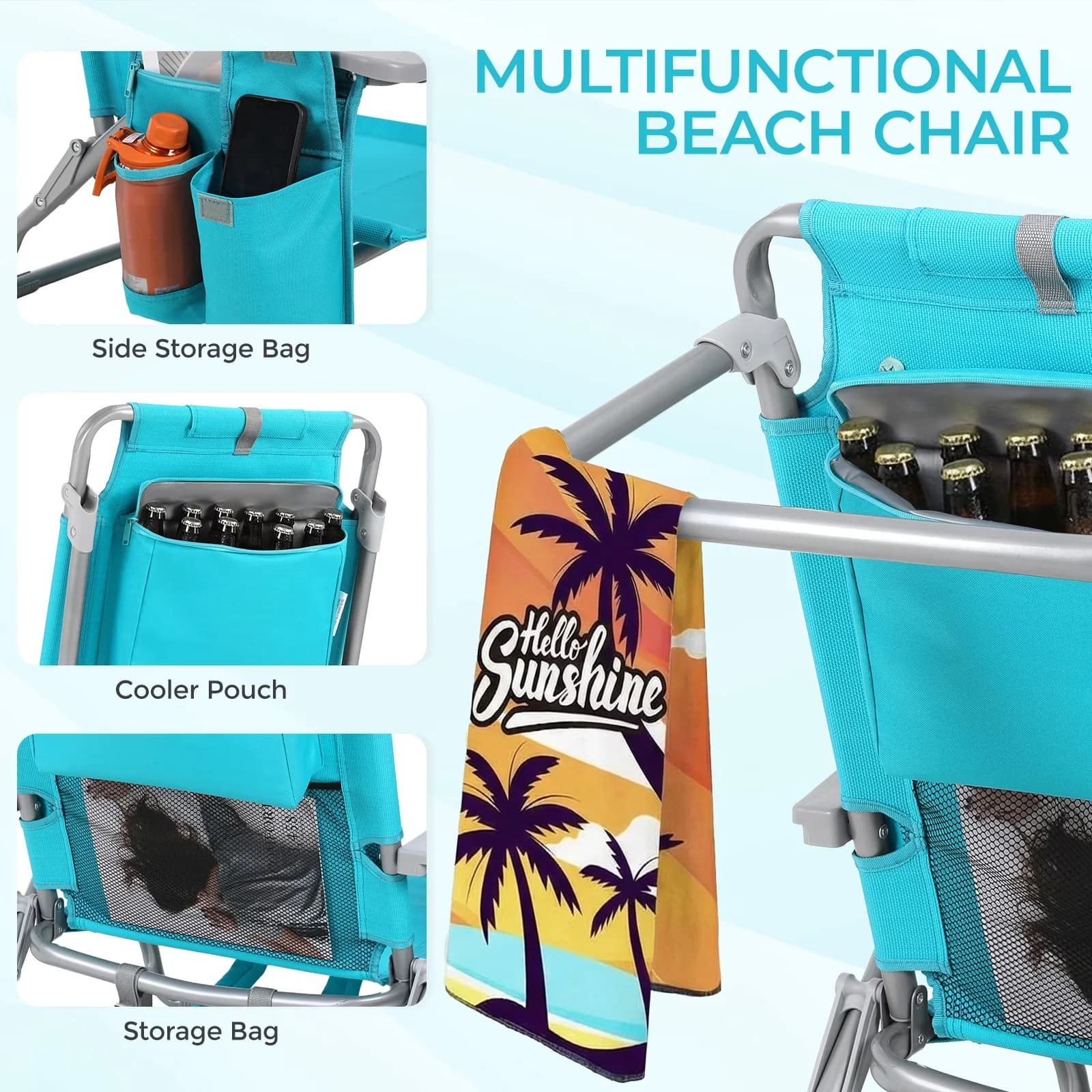 Sleek Beach Chair with Adjustable, Folding, Max Load 350lbs - Blue - Essential Collection Model 1A1BBB