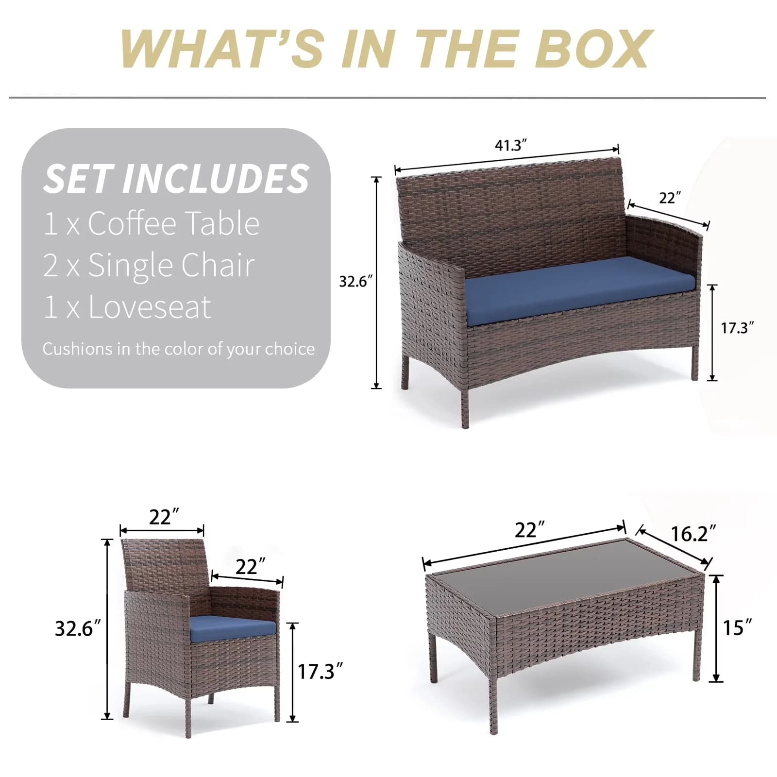 Versatile Patio Conversation Set with Weatherproof - Blue Pe Wicker Rattan Model 2C43DC