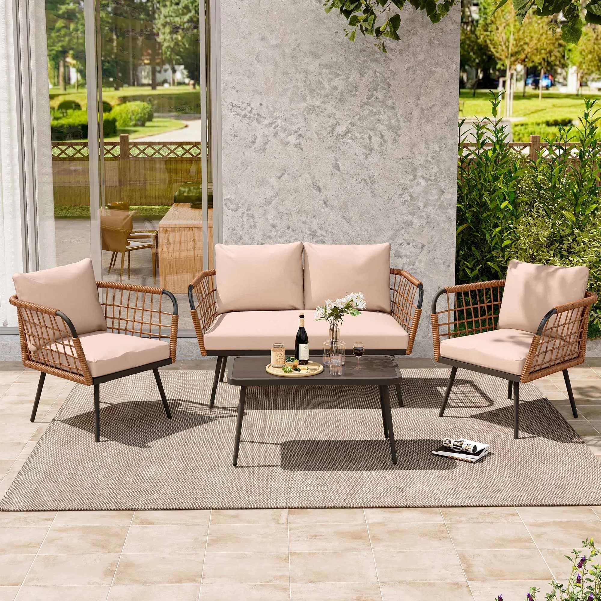Durable Patio Conversation Set with Weatherproof, Wood Loveseat and Coffee Table, Metal Frame Sofa - Beige Steel, Pe Rattan Model A57625
