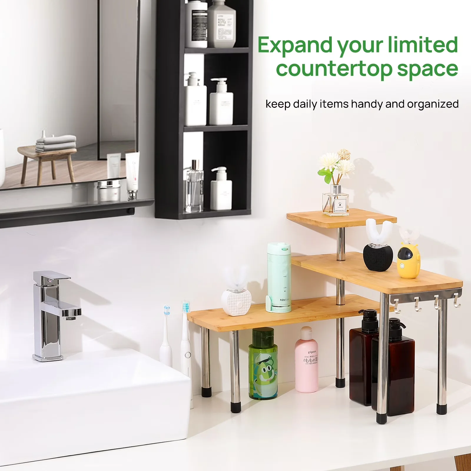 Garage Storage Supply Sleek with Bathroom Display Counter Shelves, 3 Tier Kithen Countertop Organizer, Bamboo Corner Shelf - Off-White Model 89A0DB