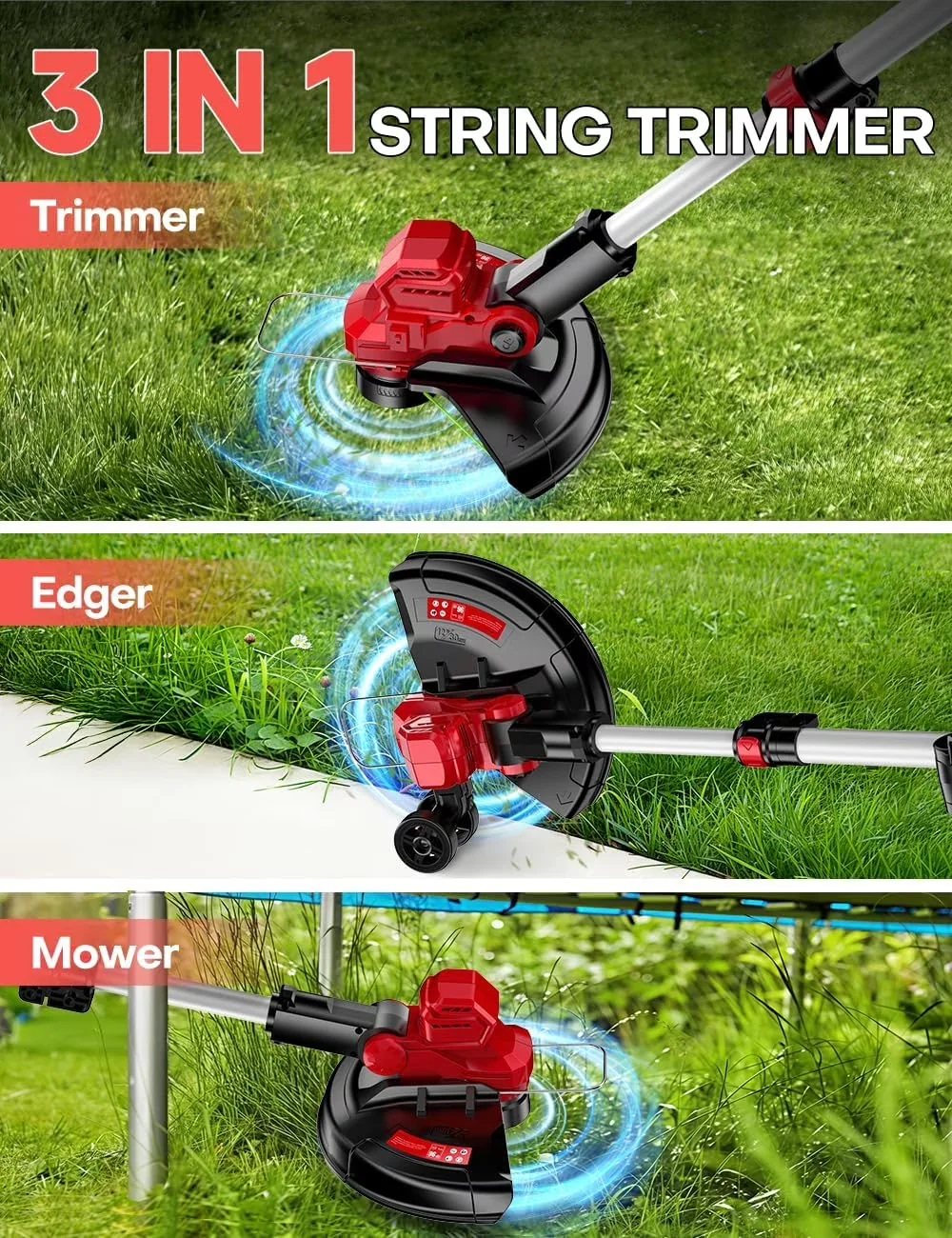String Trimmer Versatile with Battery, Brushless, 3-in-1 Cordless Weed Wacker - Red for Auto Model 1AAA51